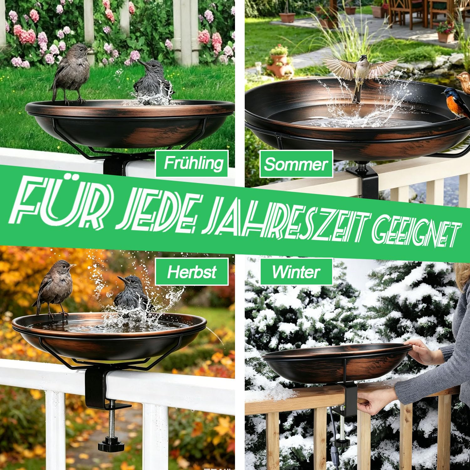 YU0LYEF Metall Vogeltränke für Balkongeländer, 30 cm Winterfest Vogelbad, Wetterfeste Wassertränke für Garten und Balkon, Vintage Design