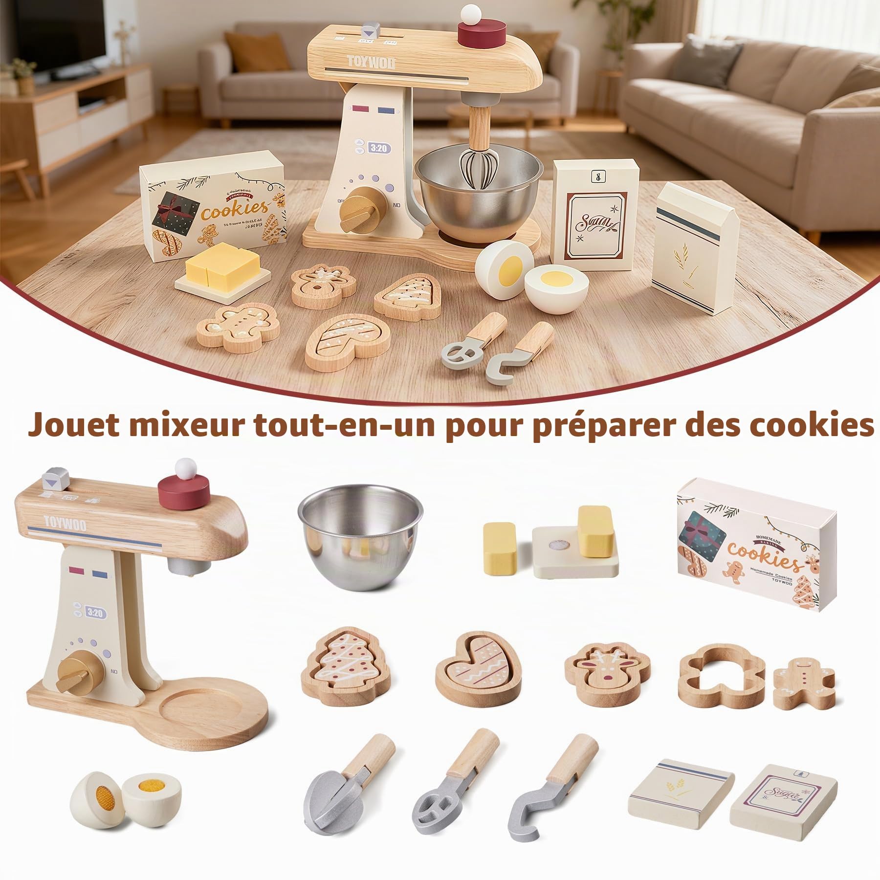 Mélangeur de jouets en bois pour enfants - Accessoires de cuisine en bois avec fouet, batteurs traditionnels, crochets à pâte, ensemble de cuisine - Cadeau pour garçons et filles à partir de 3 ans