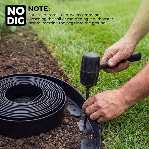 Garden Edging Border, 33FT/10M Black Flexible Plastic Lawn Edging with 30 Reinforced Pegs, 4.6CM High Lawn Edging Border - Easy Dig & Cut Installation for Flowerbeds, Lawns & Pathways - 3