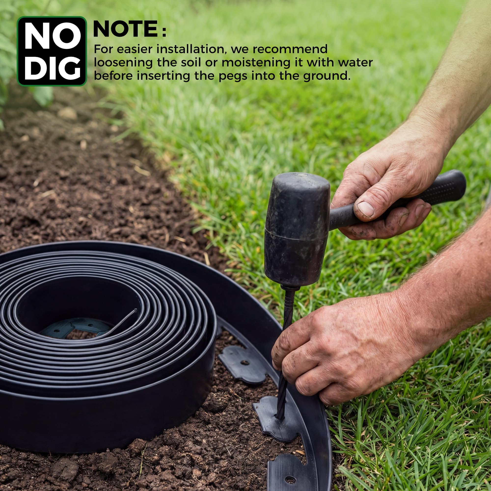 Garden Edging Border, 33FT/10M Black Flexible Plastic Lawn Edging with 30 Reinforced Pegs, 4.6CM High Lawn Edging Border - Easy Dig & Cut Installation for Flowerbeds, Lawns & Pathways — view 3