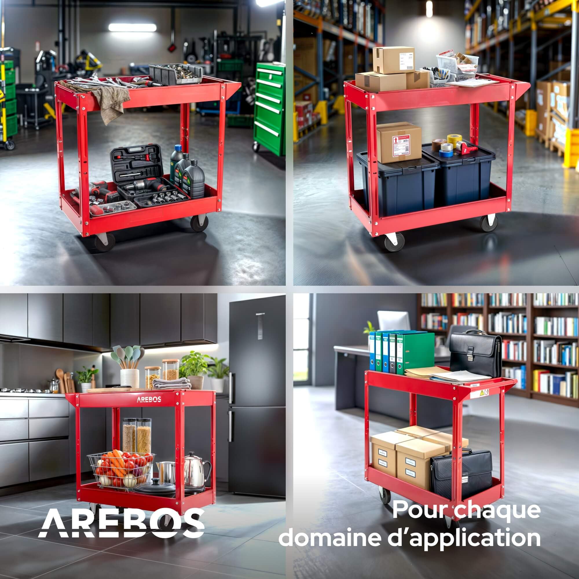 Arebos Servante d’Atelier 2 Étages | Chariot à Outils en Acier | Capacité de Charge Jusqu’à 100 kg | Mobile et Robuste | Rouge