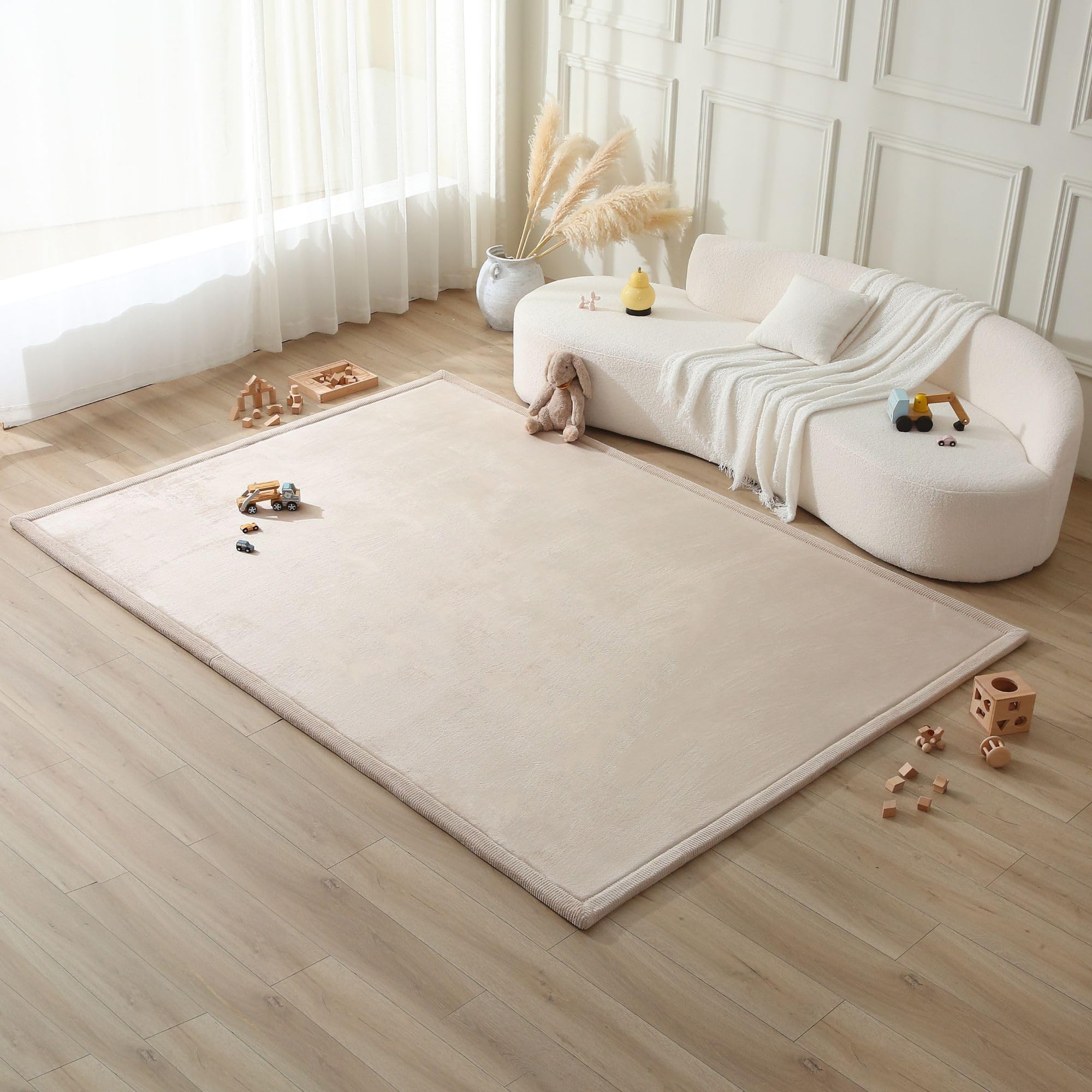 Premium Large Coral Velvet Baby Play Mat 280x200x2.5cm, Beige – High-Density Memory Foam Area Rug – Stylish Playmat for Floor with Non-Slip Backing for Crawling, Soft Play & Tummy Time - Easy Care Rug