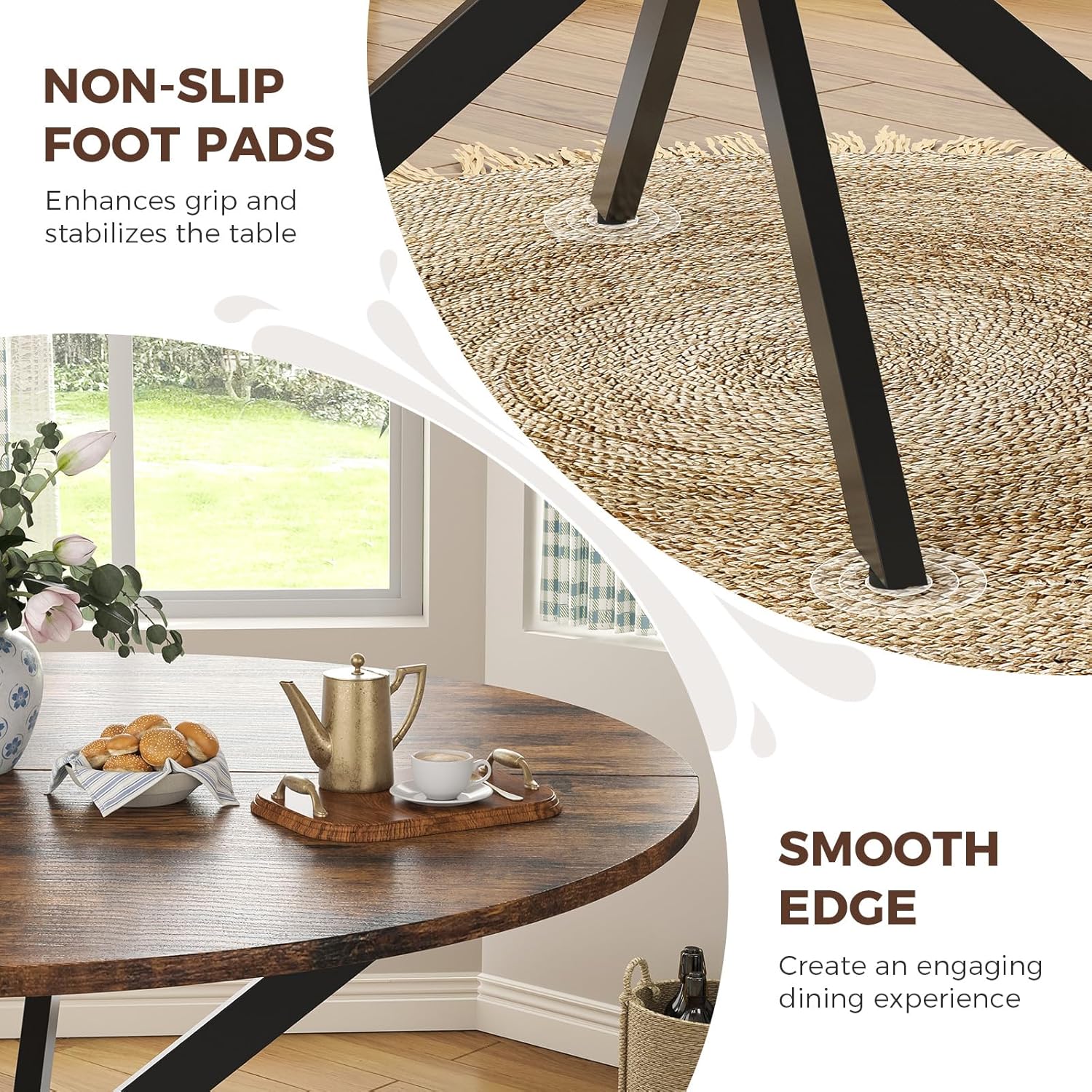 Unovivy 47 Inch Round Dining Table for 4,Space Saving Circle Dining Table with Pedestal Metal Frame,Farmhouse Wood Round Kitchen Table for Living & Dining Room,Rustic Brown