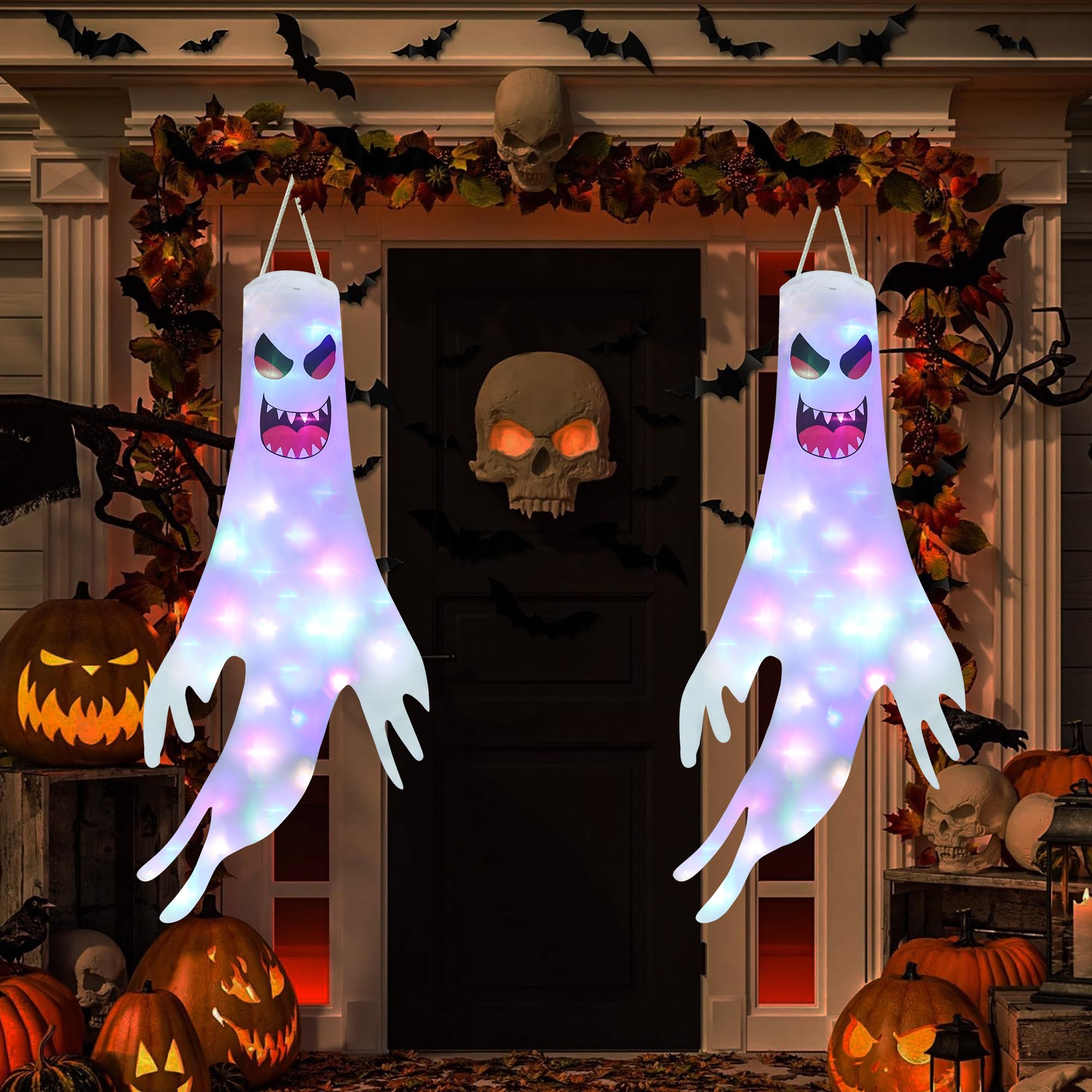 Qedertek Halloween Decorazioni per Esterno - 120cm Appendere a Fantasma con Catena Luminosa Colorata, Sacco a Vento Horror Casa Infestata per Giardino, Finestra, Bar
