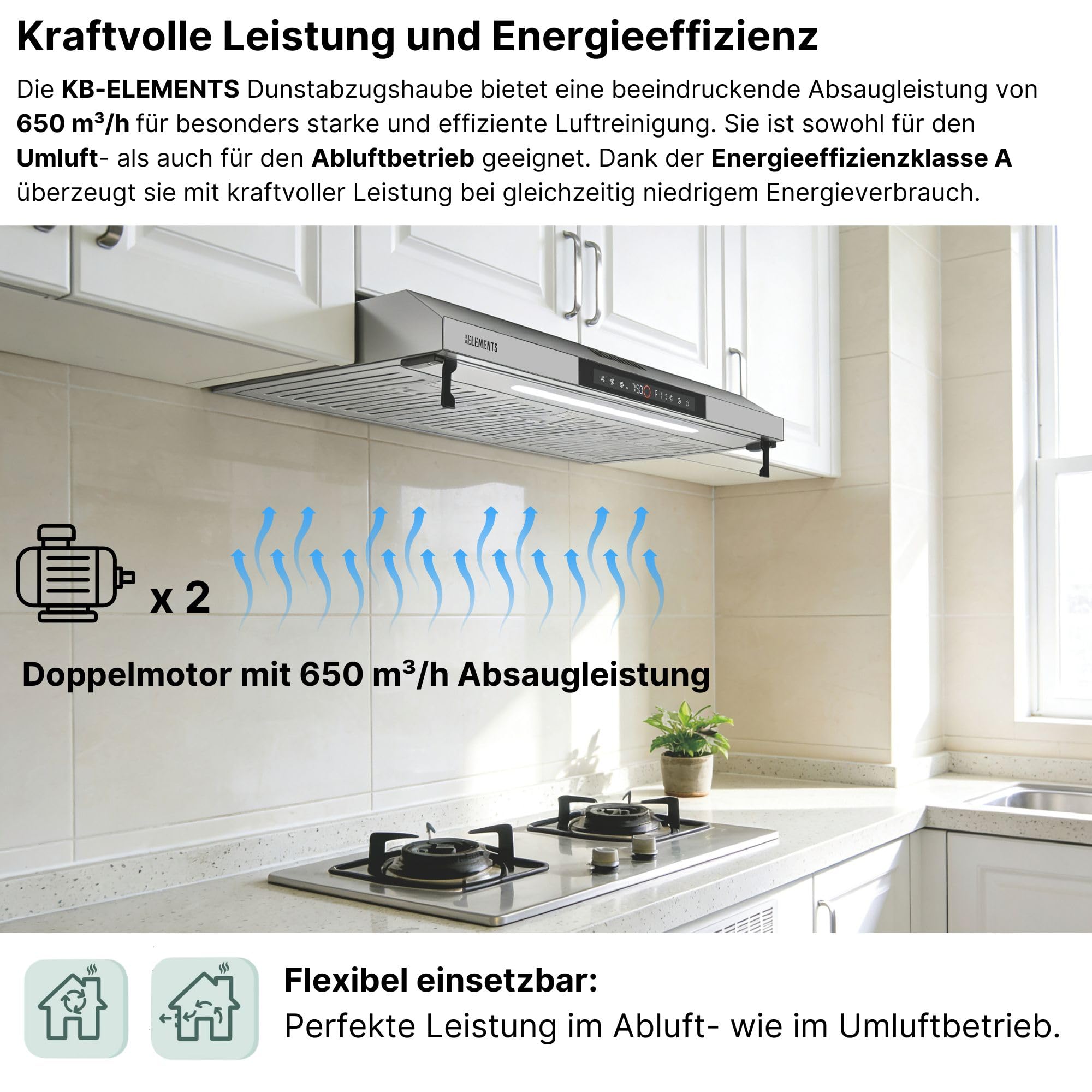 Dunstabzugshaube 90cm Umluft Abluft 650m³/h starke Saugleistung Doppelter Motor Touch-Gestensteuerung