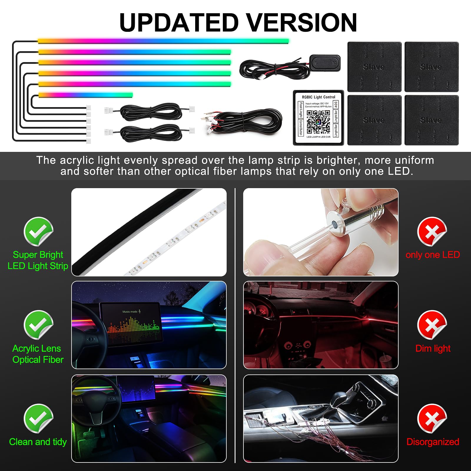 Striscia LED acrilica Dream+Color per interni dell'auto con APP wireless, RGB 6 in 1 con 175 pollici, 612 LED, kit di illuminazione ambientale a fibra ottica, strisce LED al neon dinamiche con