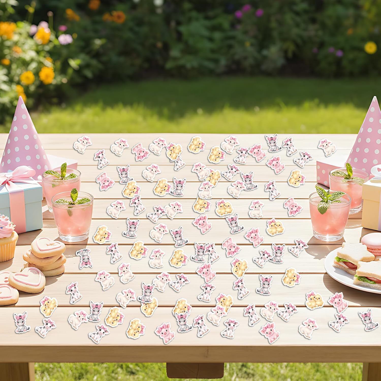ZestZing 200Pcs Pink Bow Farm Animal Confetti Cute Barnyard Baby Shower Birthday Table Decor Double-Sided Paper Cutouts for Girls Party Scatter Decoration Farm Theme Celebration Supplies image 4