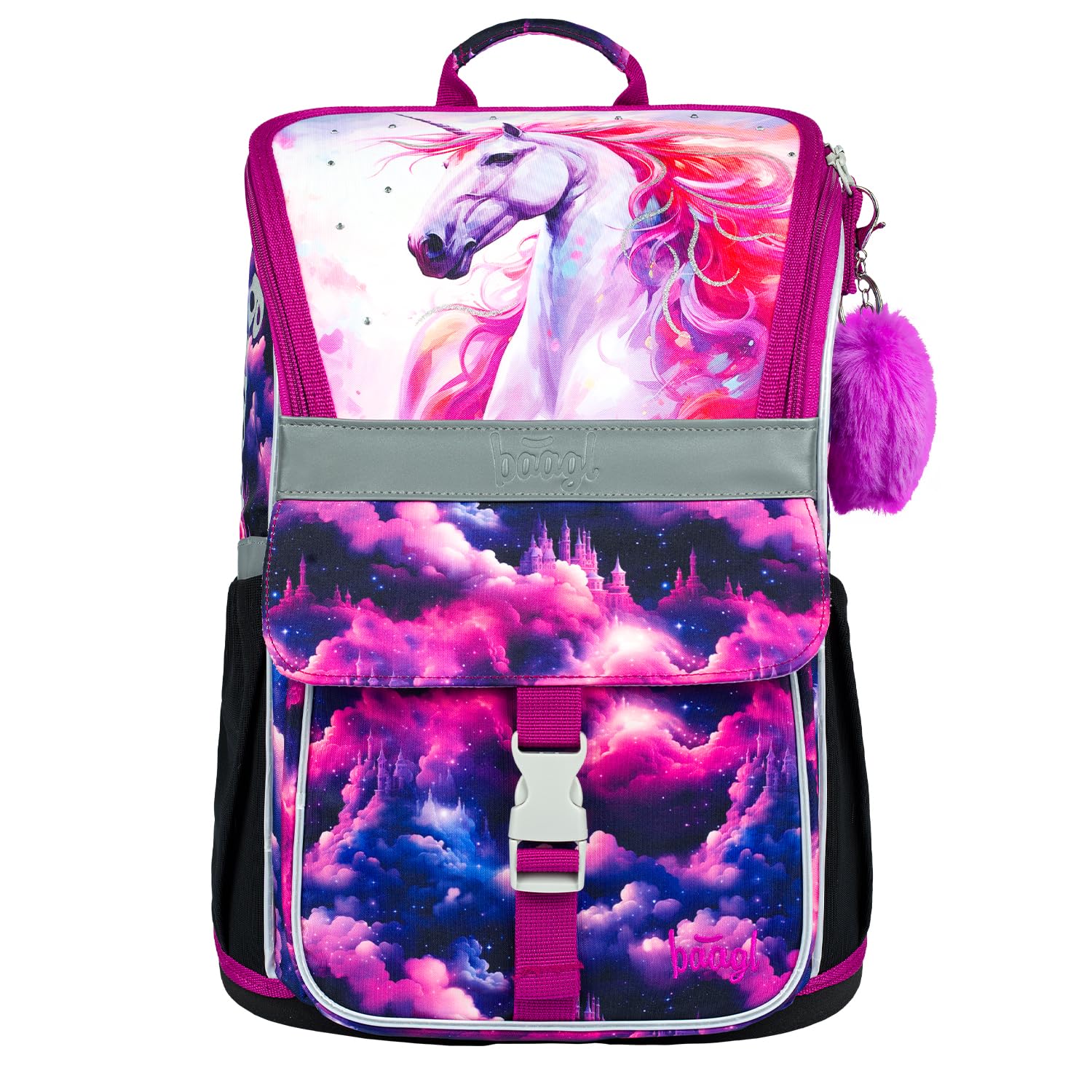 Baagl Mochila escolar para niños y niñas, 3 piezas, mochila escolar Zippy para 1ª clase, mochila escolar primaria con correa para el pecho, mochila escolar ergonómica, Unicornio Real