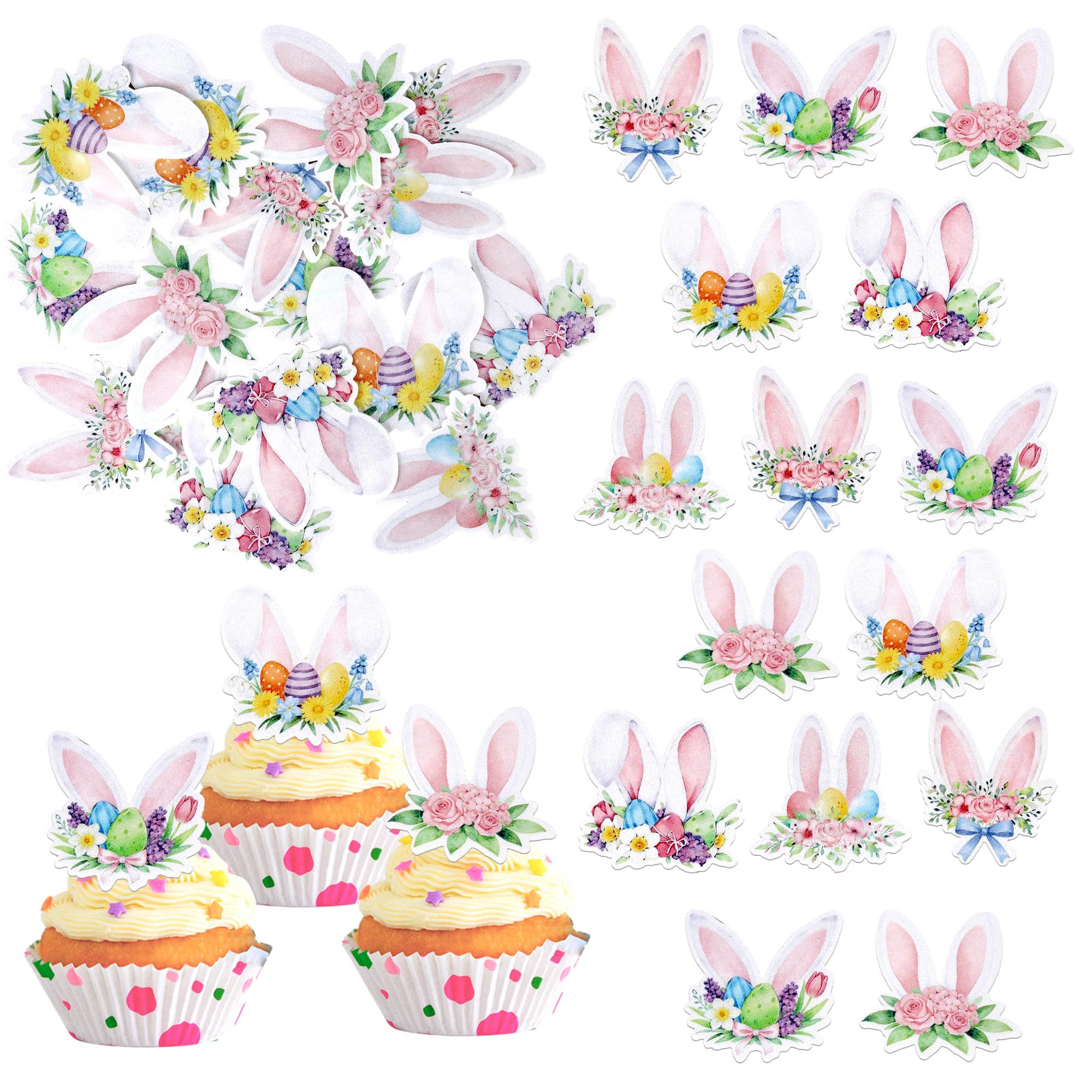 SYKYCTCY 54 Pack Edible Easter Bunny Ear Cupcake Toppers Rabbit Ears Cupcake Picks Decoration for Easter Day Theme Baby Shower Kids Birthday Party Cake Decorations Supplies