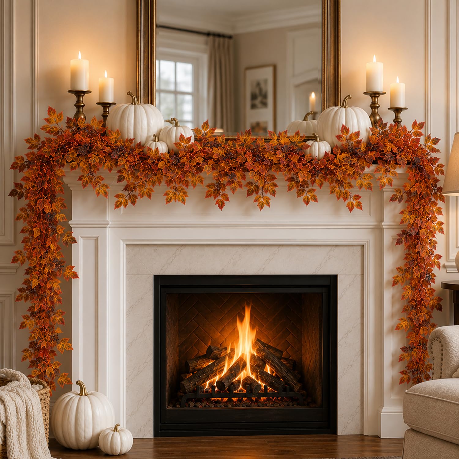 2 Pcs 6FT Artificial Fall Garland, Full Dark Autumn Leaf Garland (yellow)