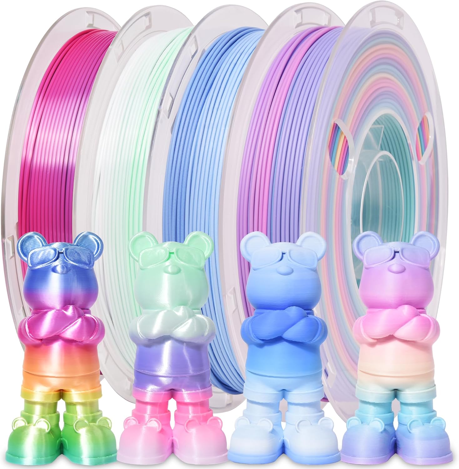 RAMBERY 3D Printer Filament Bundle 500g x 4 Spools, Silk & Matte Rainbow PLA Filament, Multicolore Fast Color Change 1.75 mm 3D Printing Filament