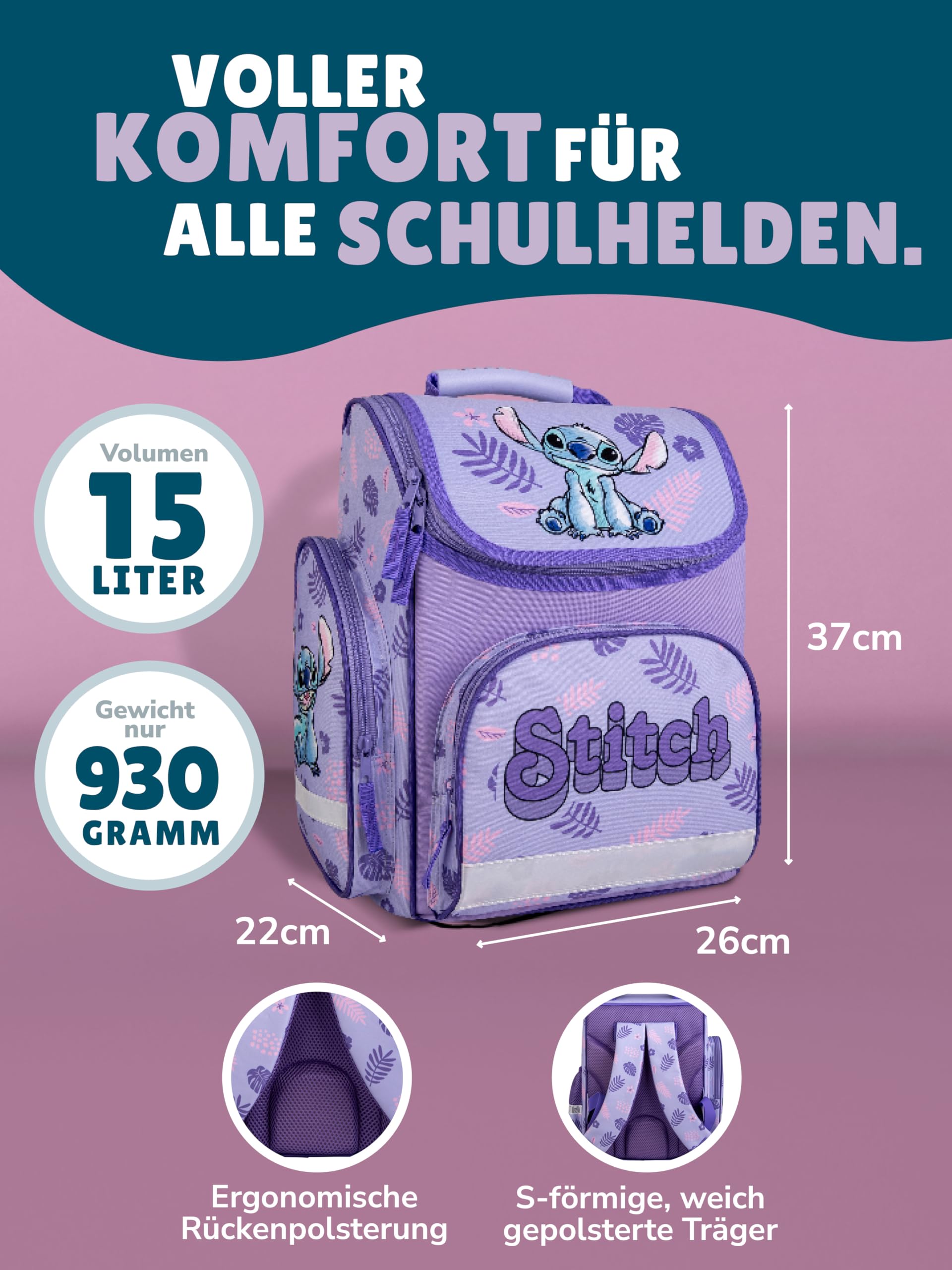 Familando - Schulranzen Set - 6-teilig mit Sporttasche - Disneys Lilo und Stitch - Ergonomisch, stabil & mit gepolstertem Rücken - 930g leicht - 15L Volumen - Mit Reflektoren - 1. Klasse