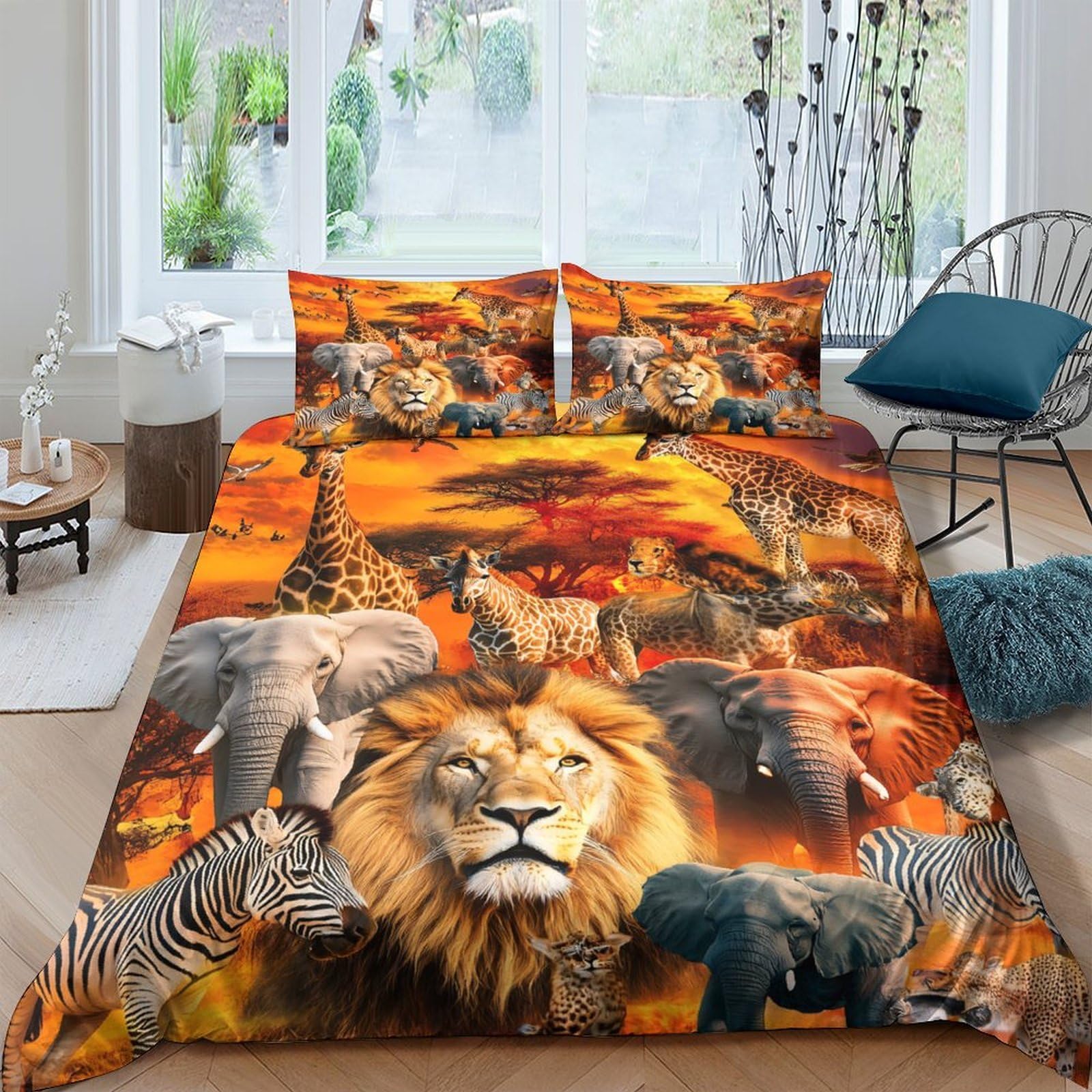 GPLZQXKJNH 3D Printed Safari Wildlife Duvet Cover Set Microfiber Soft Breathable African Animals Bedding with 2 Pillowcases for Bedroom Decor Single（135x200cm）