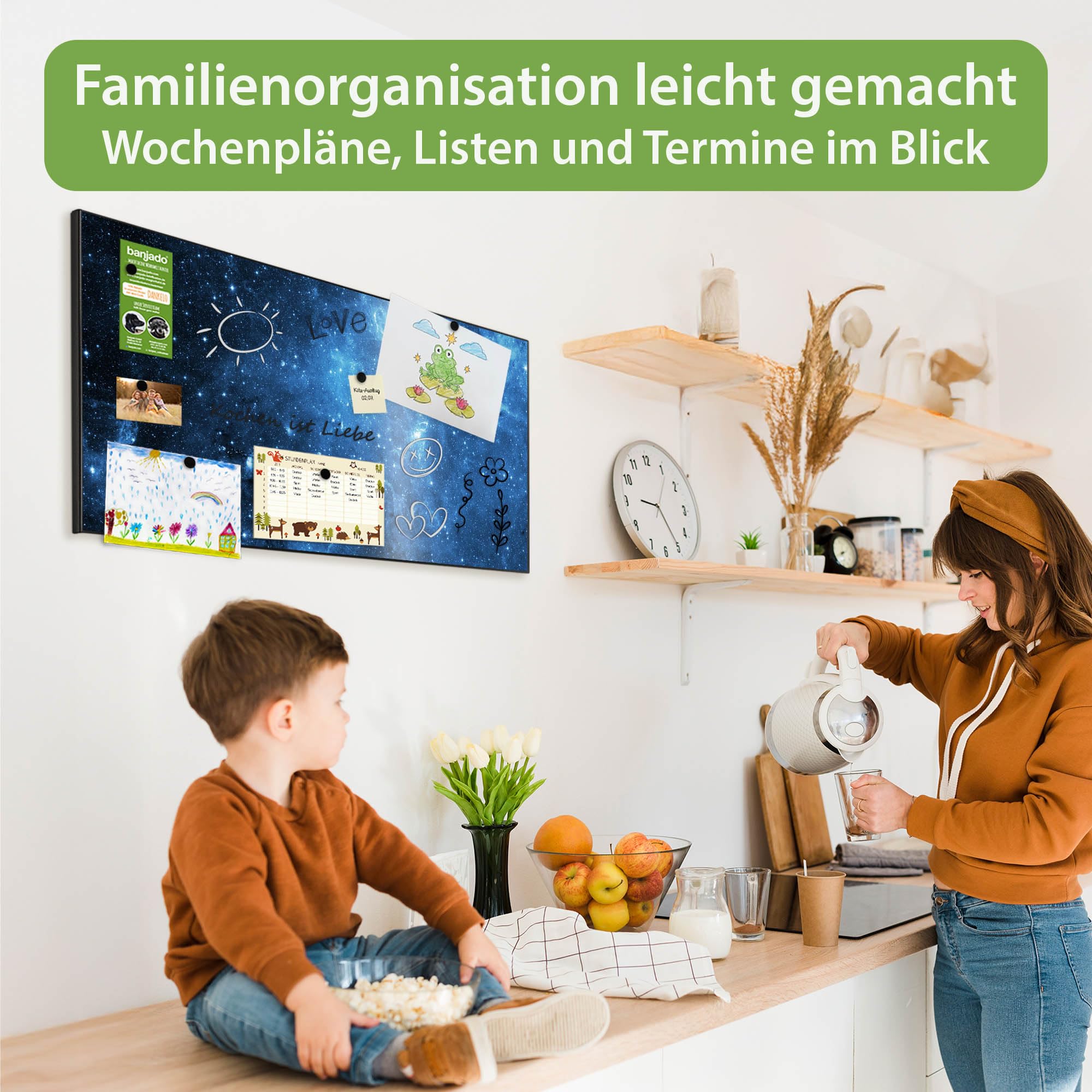 banjado Magnettafel Metall 78 x 37cm - beschreibbare Magnettafel - Metall Pinnwand als Memoboard - Magnetwand Küche, Büro, Kinderzimmer Schwarz inkl. 4 Magnete & Montageset - Motiv Universum