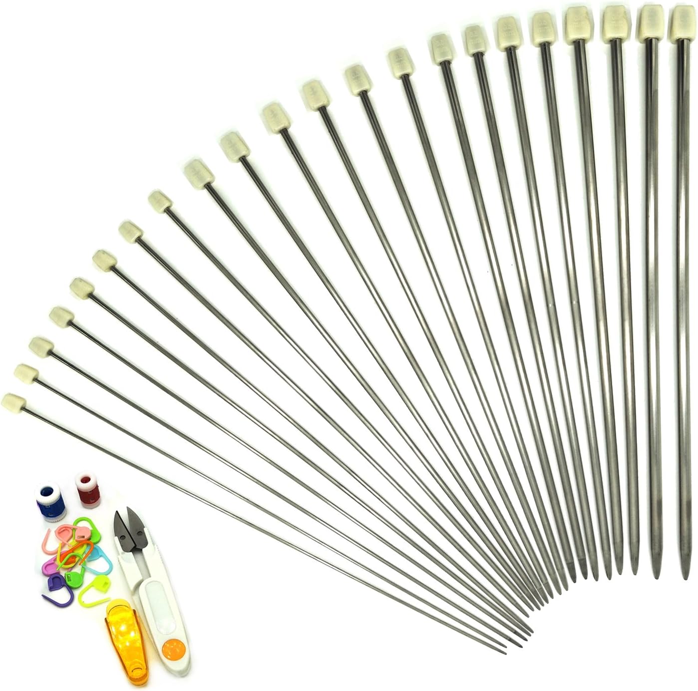 Wartoon 25cm Stainless Steel Hollow Single Pointed Knitting Needle Sweater Staight Needle in Different Sizes(11pirs,22pcs,10 inches Length) with Row Counter Plastic Locking Stitch Makers Scissors