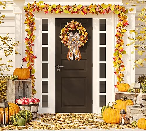 Miniatura 6 de Hying Lazos grandes de otoño para corona, lazo de corona de calabaza a cuadros naranjas para puerta delantera, lazos de corona de Acción de Gracias