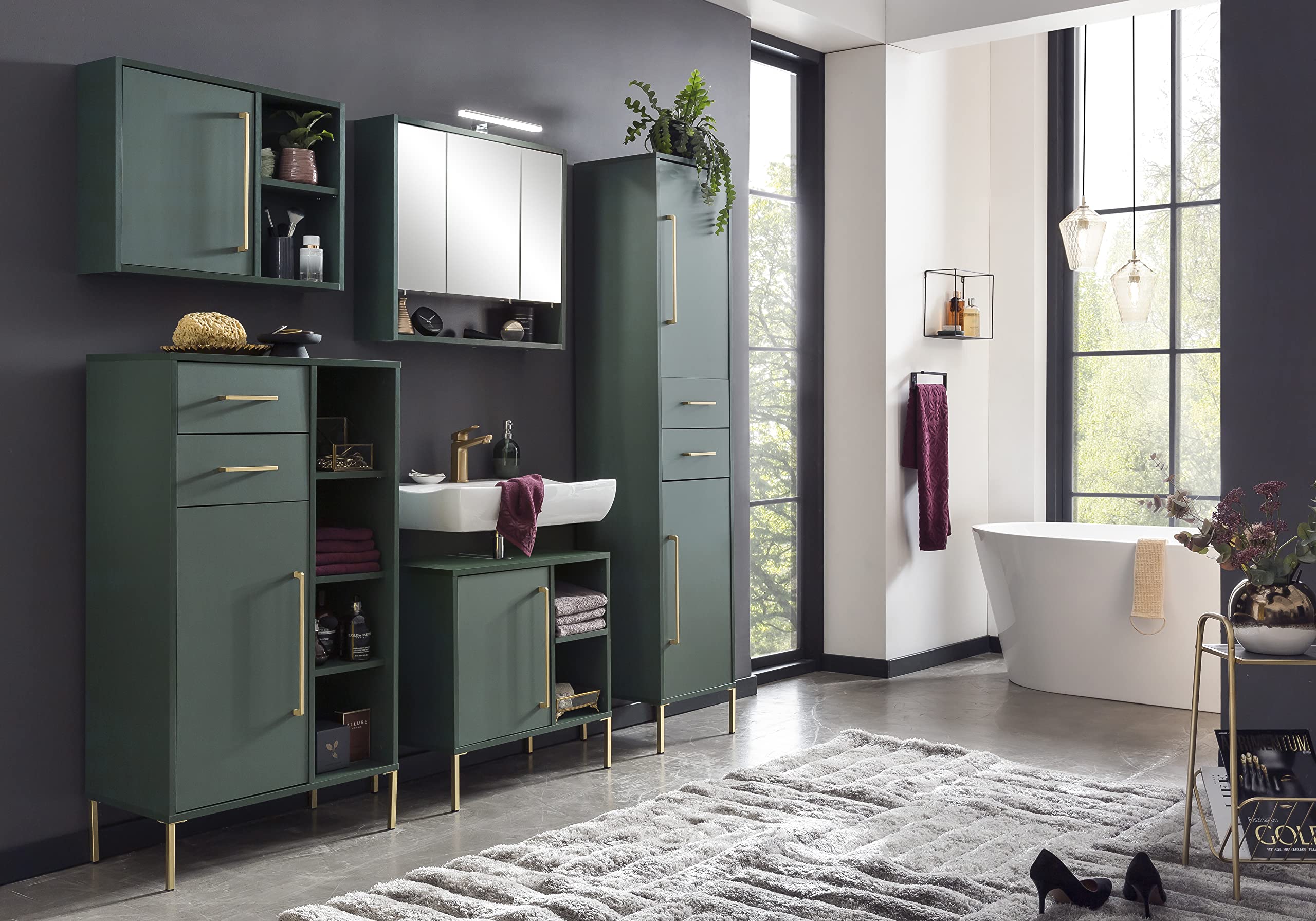 Schildmeyer Kent Highboard 151130, waldgrün/Gold, 67,1 x 33,1 x 117,4 cm