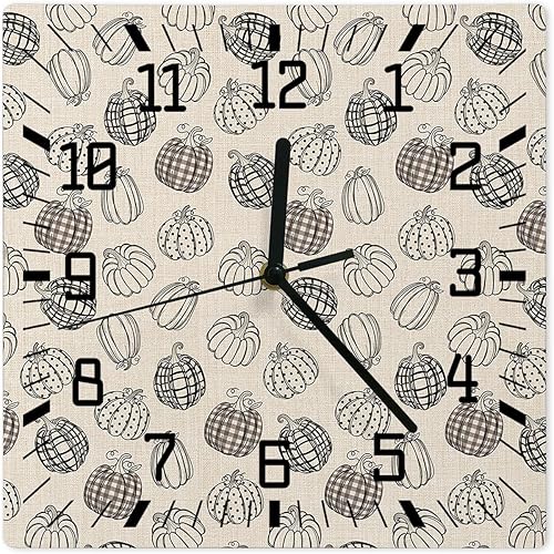 Thanksgiving Wooden Wall Clock Silent Non Ticking, Black Hand Draw Plaid Polka Dot Pumpkins Burlap Square Wall Clock Battery Operated, Decor Clock