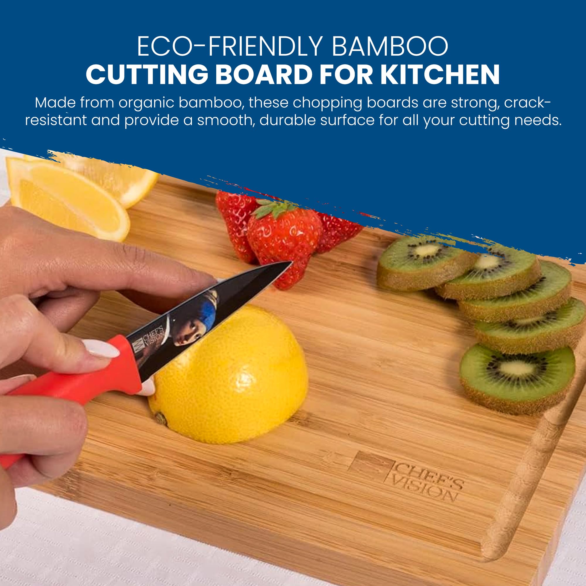 Juego de Tablas de Cortar de Bambú Chef's Vision - Set de 3 Tablas de Cortar de Madera Orgánica para Cocina - Tabla de Cortar Duradera y Ecológica para Cocina-Tamaños Extra Grande, Grande y Mediano