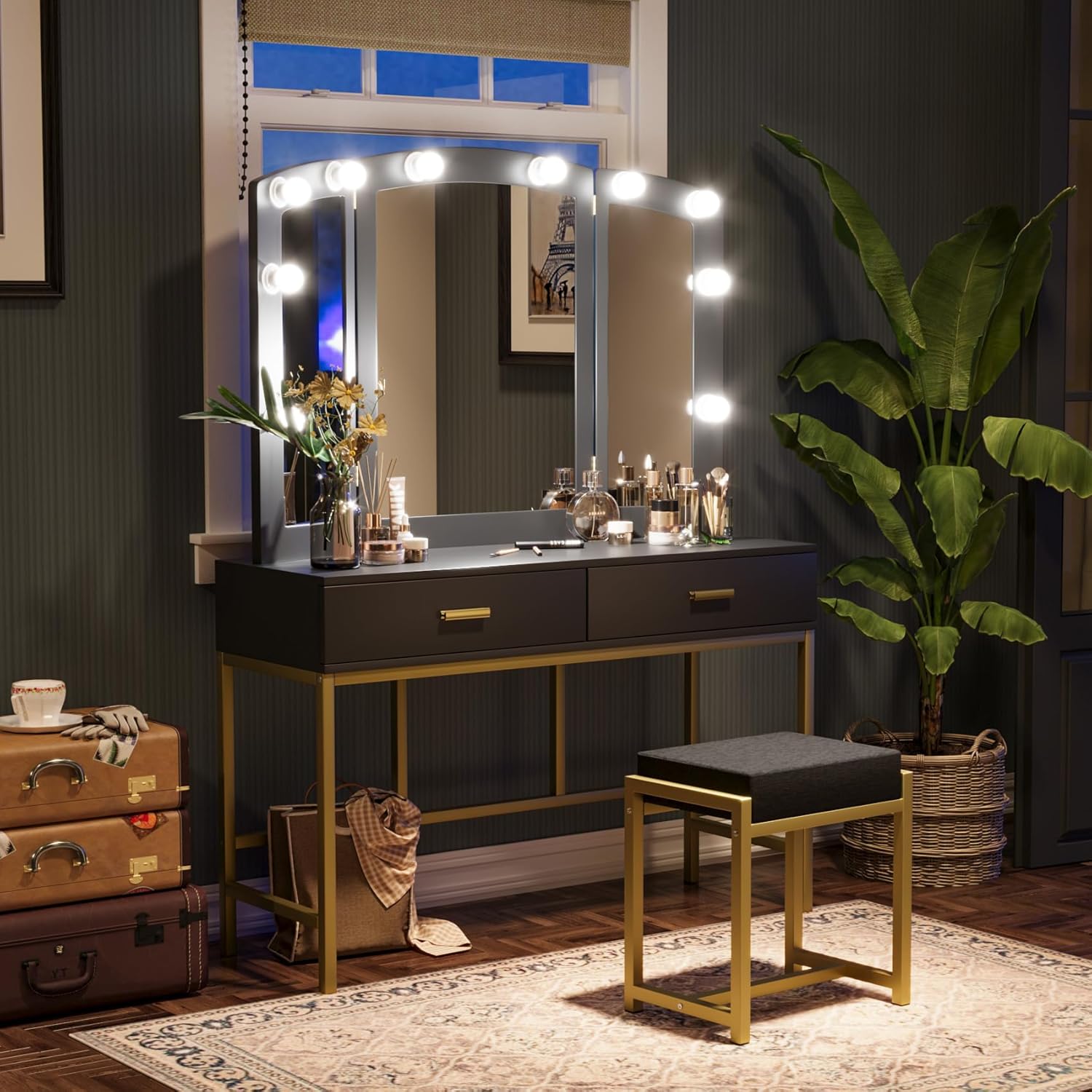 Semiocthome Black Vanity Desk with Mirror and 10 LED Lights