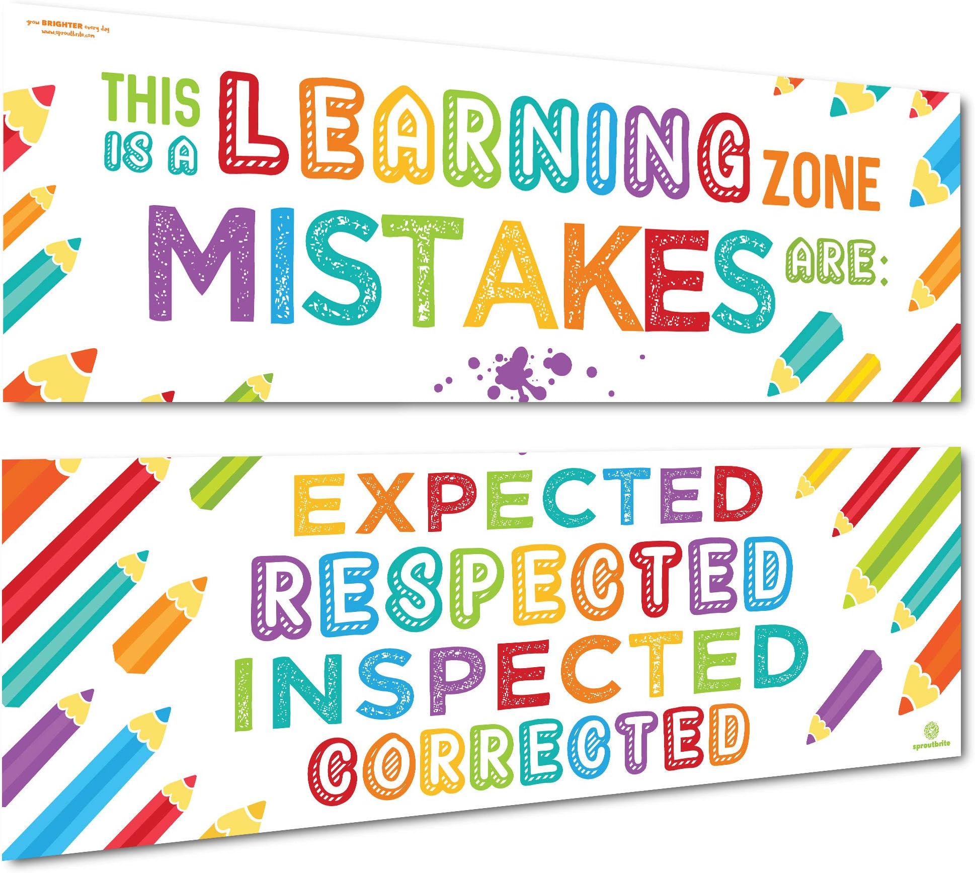 Sproutbrite Classroom Banner/Posters for Decorations - Learning Zone - Educational, Motivational & Inspirational Growth Mindset for Teacher, Students - 2 Poster Pack