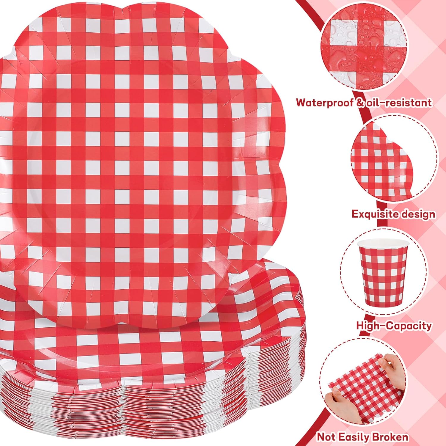 NatNarr 250 Pcs Gingham Red and White Party Supplies, Disposable Paper Plates and Napkins Cups Red and White Checkered Plates Set for Wedding Baby Shower Birthday Family Dinner Picnic