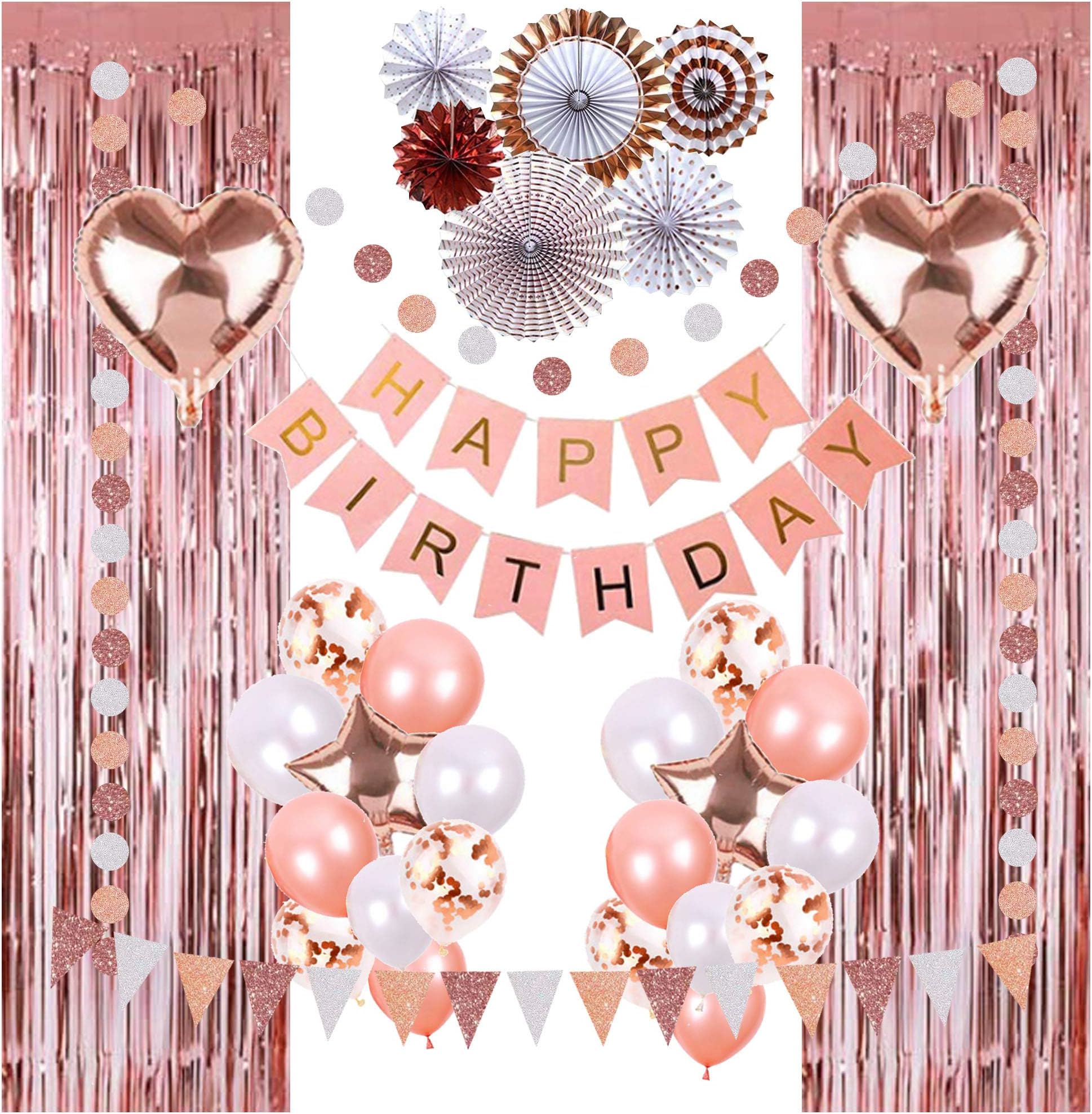 Rose Gold Birthday Party Decorations for Girls and Women, Party Supplies Set, Star and Heart Balloons, Happy Birthday Banner, Paper Fans, Curtains, Glitter Circle Garlands and Pennant Bunting Flag