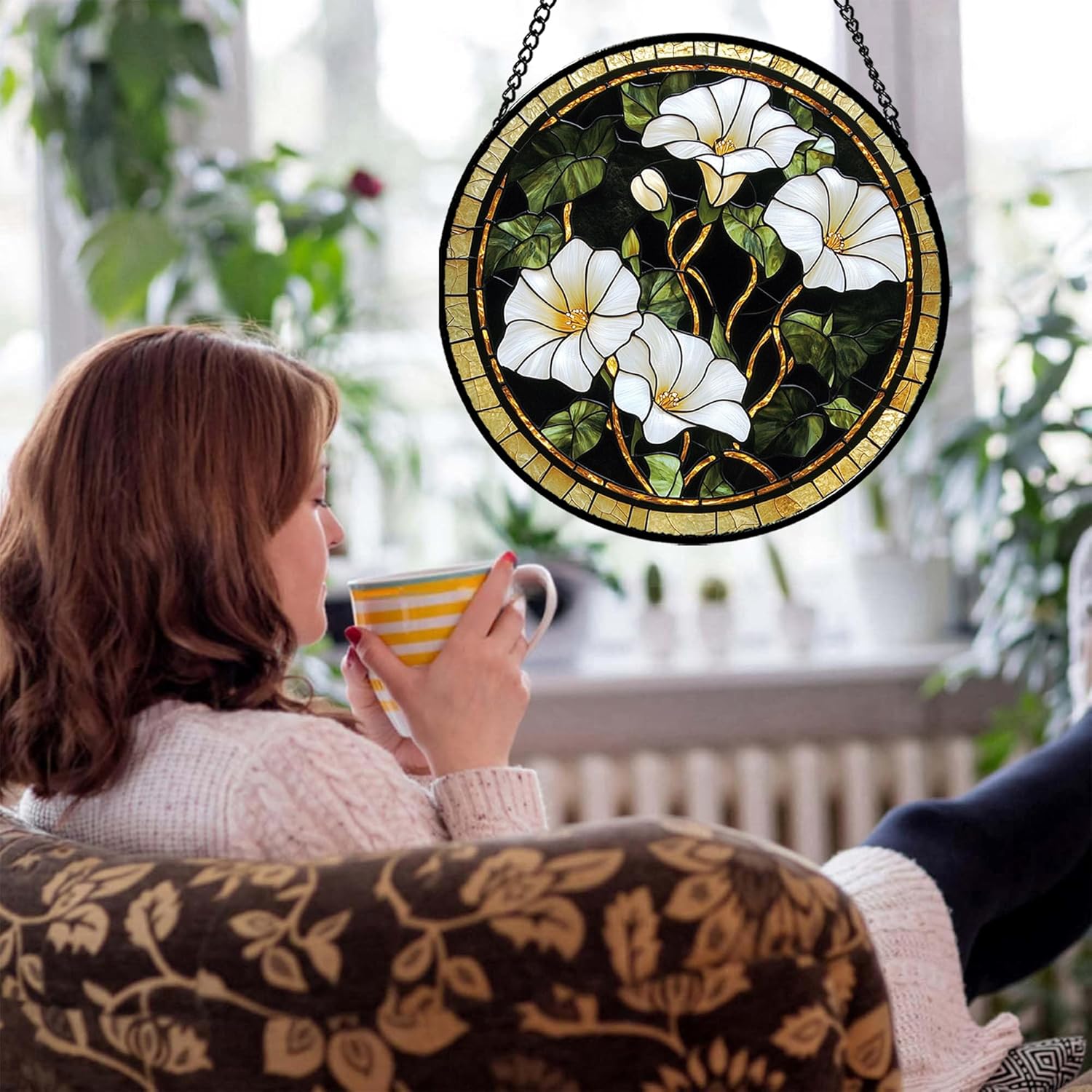 Stained Glass Window Hanging - White Morning Glory Suncatcher for Door Terrace Garden Home Decor Black Gold Flower Sun Catcher Birthday Gifts for Lovers Women Men Dad Mom Nana 11.8 in