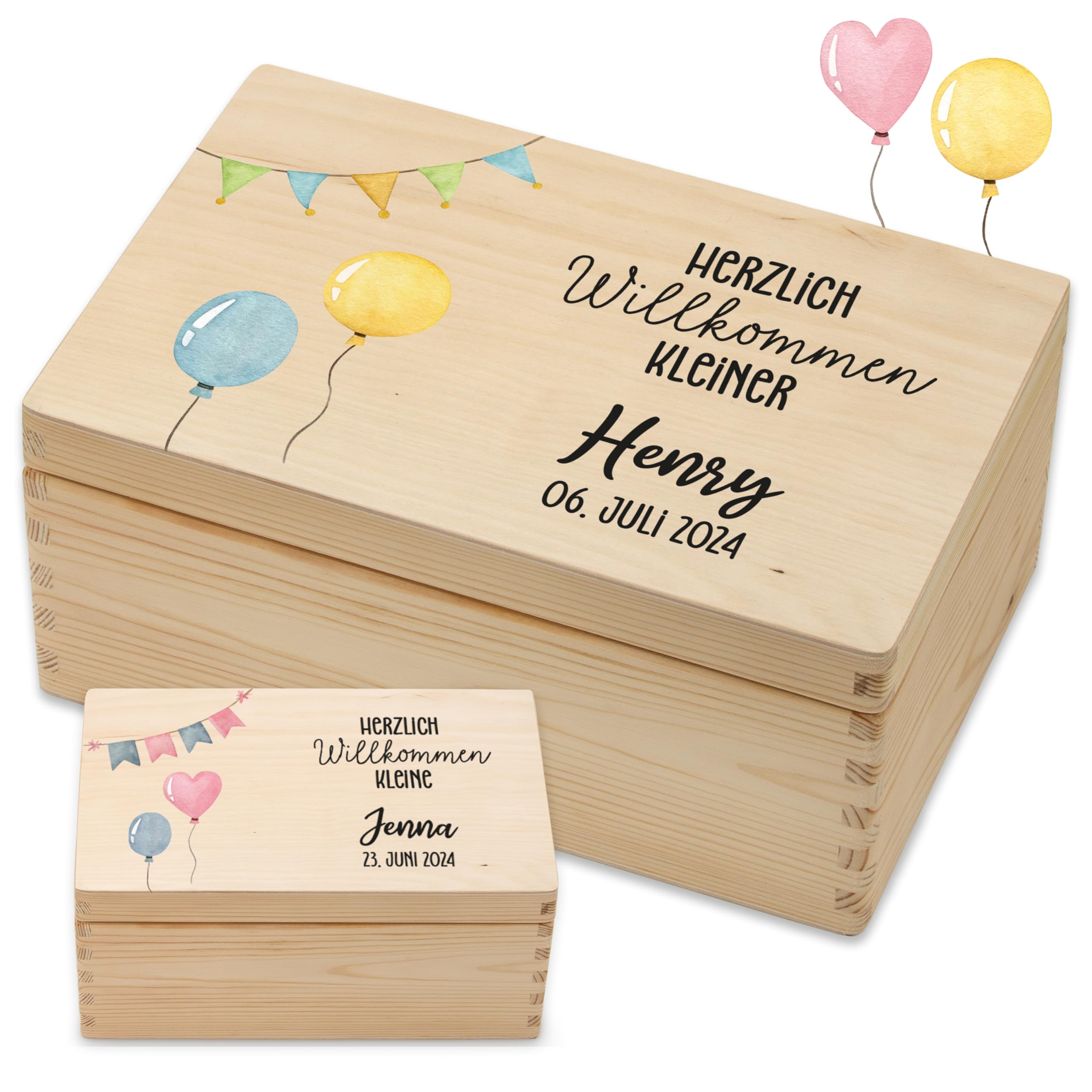 Lilletå ® Erinnerungsbox Ballons (001.04) - Erinnerungskiste Baby mit Hochwertigem Farbdruck - Baby Kind Erinnerungsbox Holz - Geschenk Geburt Mädchen Junge