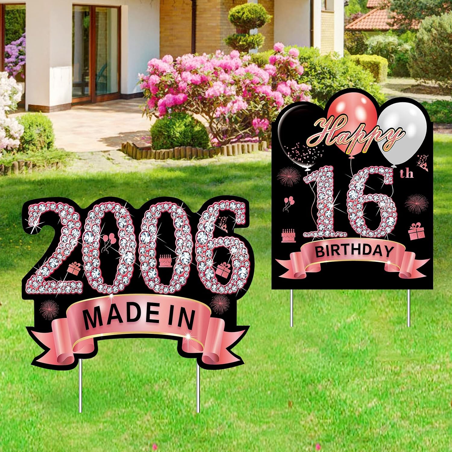 2Pcs 16th Birthday Yard Sign Decorations for Girls, Rose Gold Happy 16th Birthday Made in 2006 Party Lawn Sign Supplies, 16 Birthday Outdoor Yard Backdrop Decor with Stakes