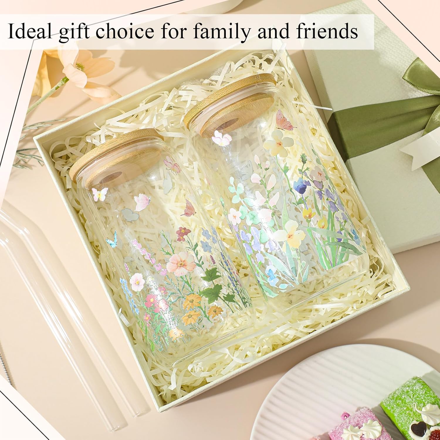 Mumufy Gift for Women Cute Glass Cup Tumbler Flower Iced Coffee Mugs 16 oz Glass with Bamboo Lid & Straw, Mothers Day Birthday Gift for Mom Sister Bridesmaid Baby Shower(2 Pack,Wild Flower1) - Image 6