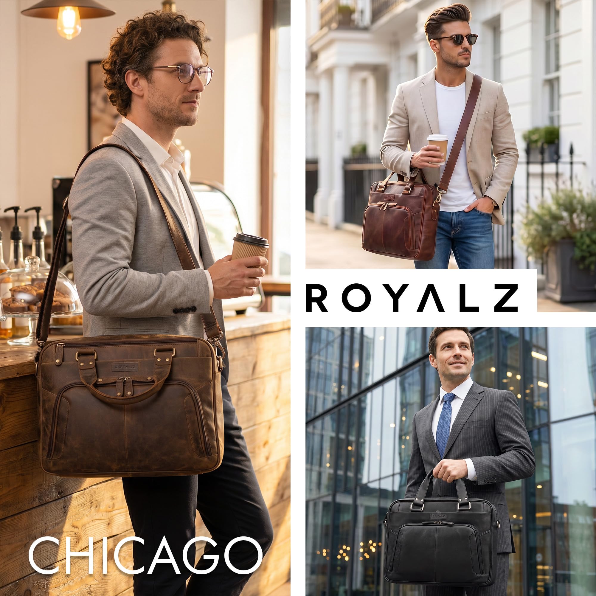ROYALZ "Chicago Borsa Ventiquattrore Uomo Pelle Borsa Lavoro Pelle Borsa Porta PC 14, 15.6-16 Pollici Cartella Uomo Messenger Bag Borsa Tracolla Portadocumenti Ufficio