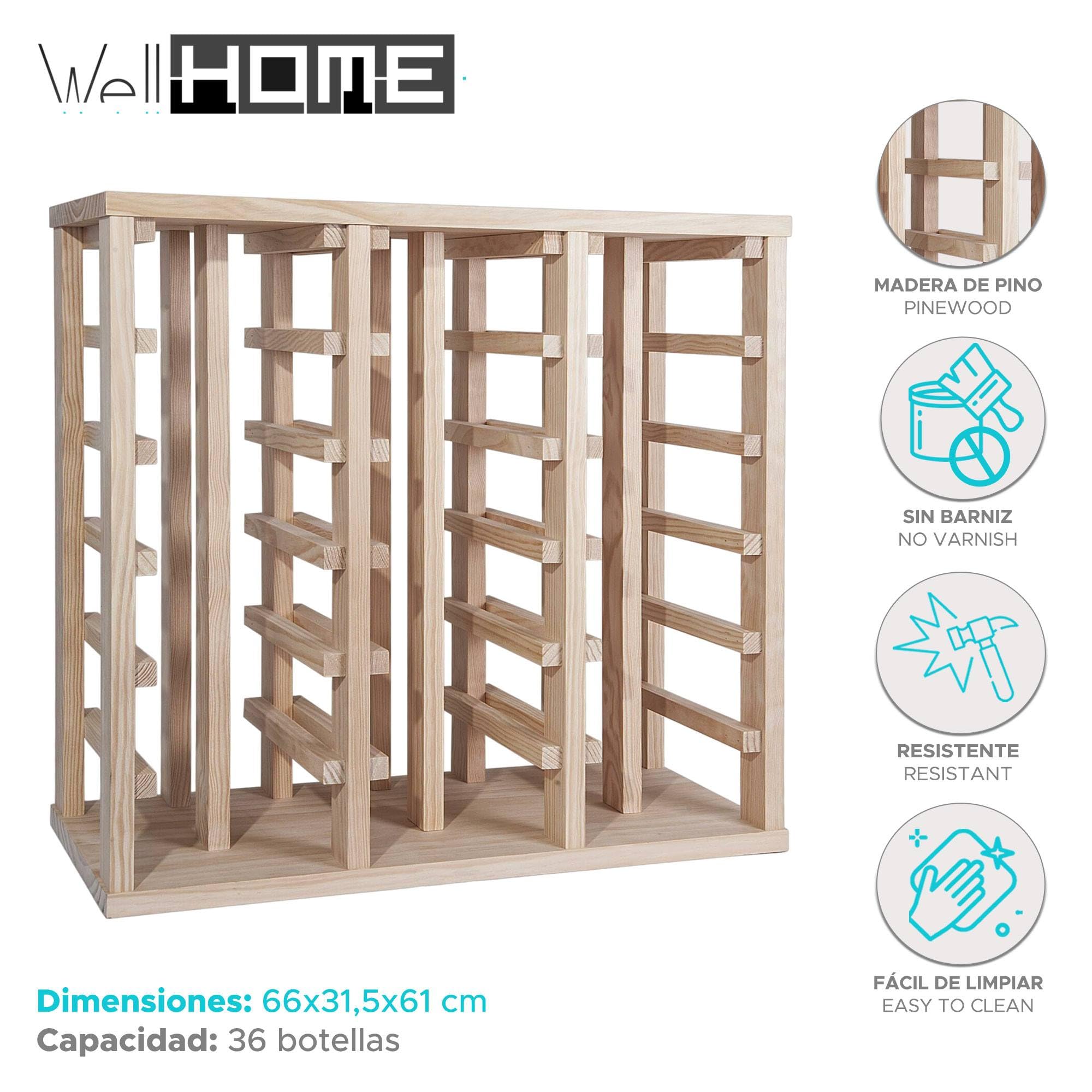 WELL HOME MOBILIARIO & DECORACIÓN Portabottiglie in Legno di Pino con 36 Ripiani Senza VERNICIATURA H.66cm, 66 cm (ancho) x31,5cm (Fondo) x61cm (Alto)