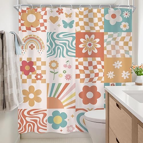 Miniatura 4 de Cortina de ducha retro con diseño de flores rosas y naranjas, 60 pulgadas de ancho x 72 pulgadas de alto, abstracto, a cuadros, pastel, estética,