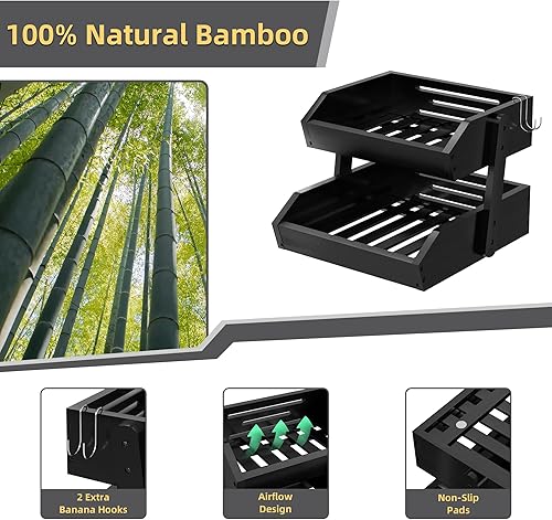 Miniatura 6 de Cesta de frutas organizador de encimera de cocina, bambú negro, 2 niveles, frutero y almacenamiento de verduras para encimera