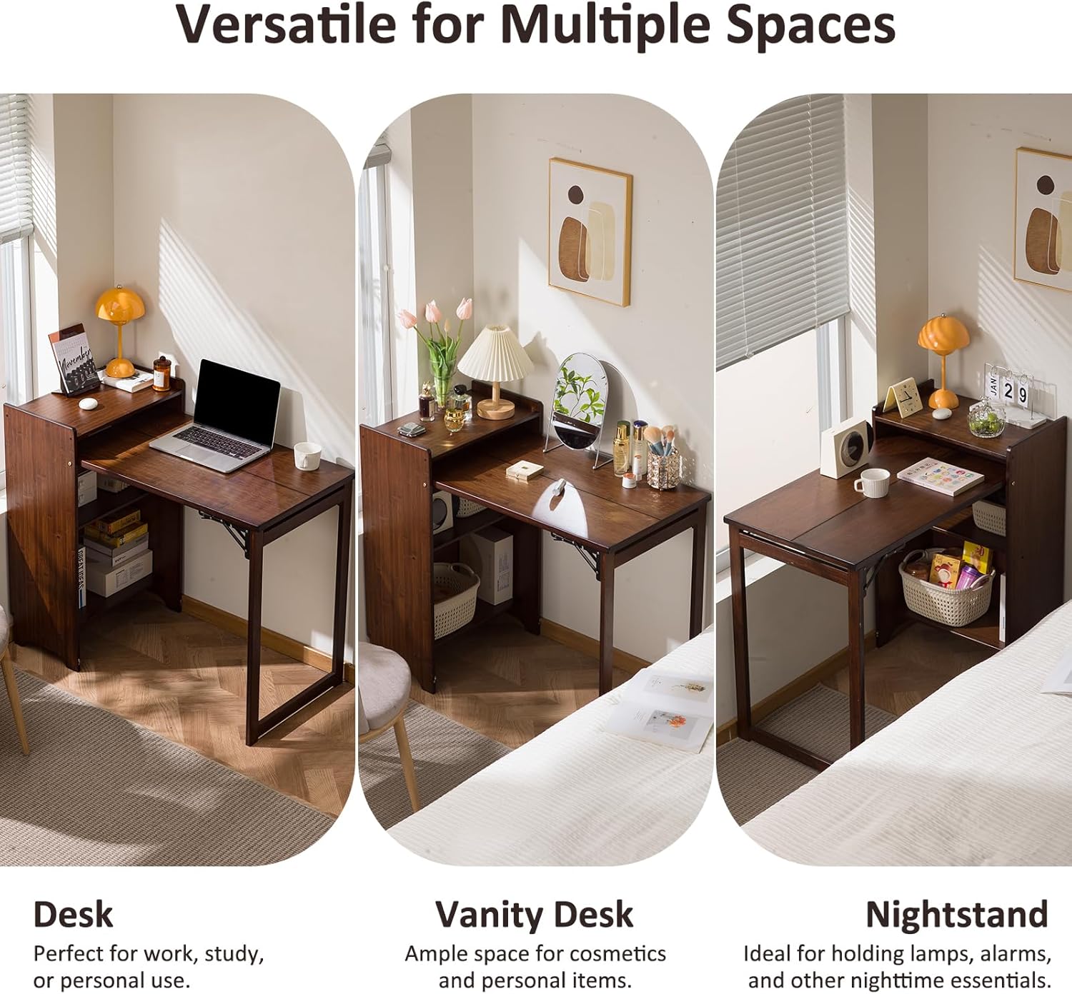 Bamboo Folding Desk for Small Space Mid Century Foldable Computer Desk with Storage Space for Home Office Bedroom, Brown