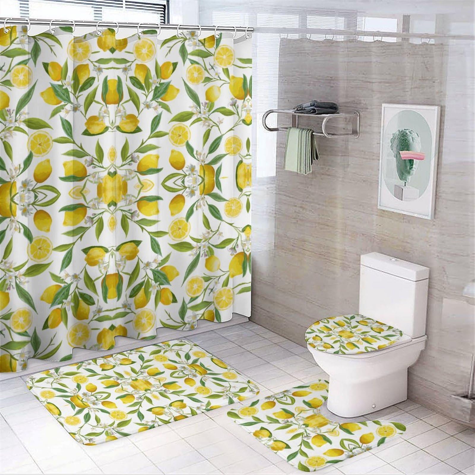 JZemdybill Bathroom Mat Set 4 Piece, Lemon with Flowers And Leaves Shower Curtain with Non-Slip Bath Mats for Bathroom
