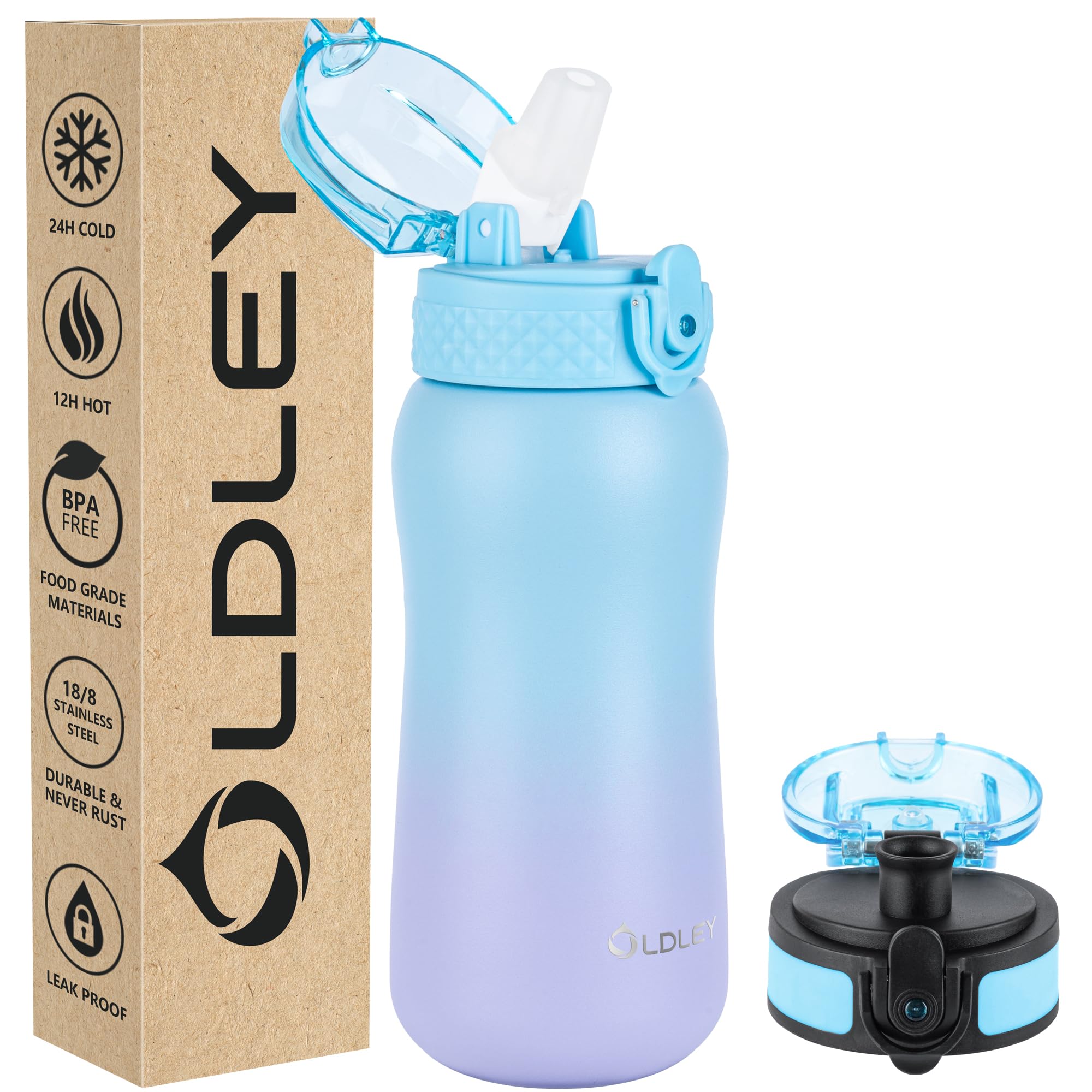 OLDLEY Insulated Kids Water Bottle, 12oz, Stainless Steel, Double Wall Vacuum, Leak-Proof, School Travel, Ombre Blue-purple