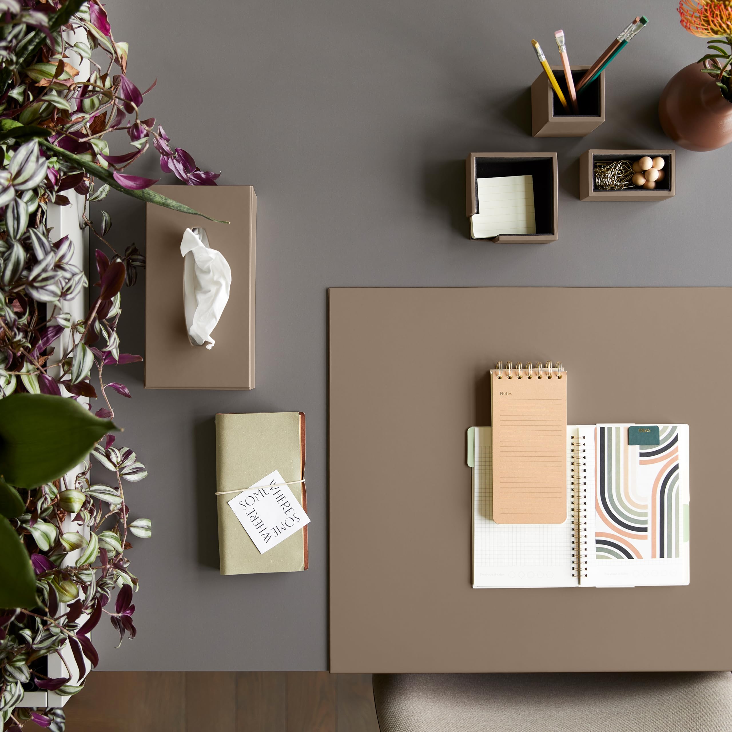 Eglooh - Minerva - Portamemo Quadrato in Cuoio Grigio Tortora - Porta Foglietti da Scrivania, Blocchi Note, Appunti - cm 11,2 x 11,2 x H.4,5 - Interamente Made in Italy