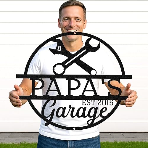 Miniatura 33 de Letrero de taller de garaje personalizado para hombres, arte de pared de metal con nombre personalizado para cobertizo mecánico, decoración rústica
