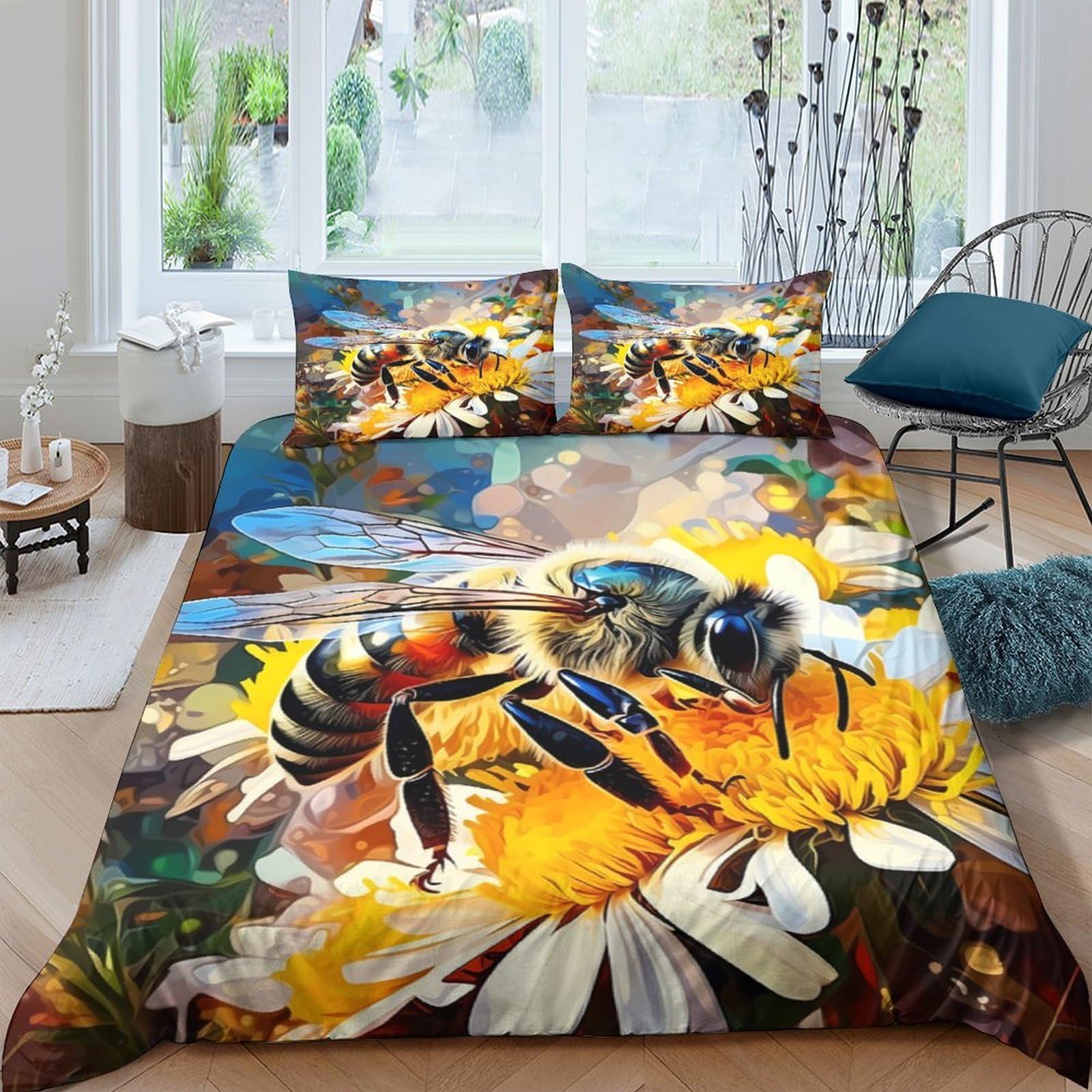 Ctjqhvkz Style-7 3D Printed Bee Sunflower Fitted Sheet Microfiber Soft Breathable Nature Flower Mattress Cover For Bedroom Dorm Decor Single（135X200cm）