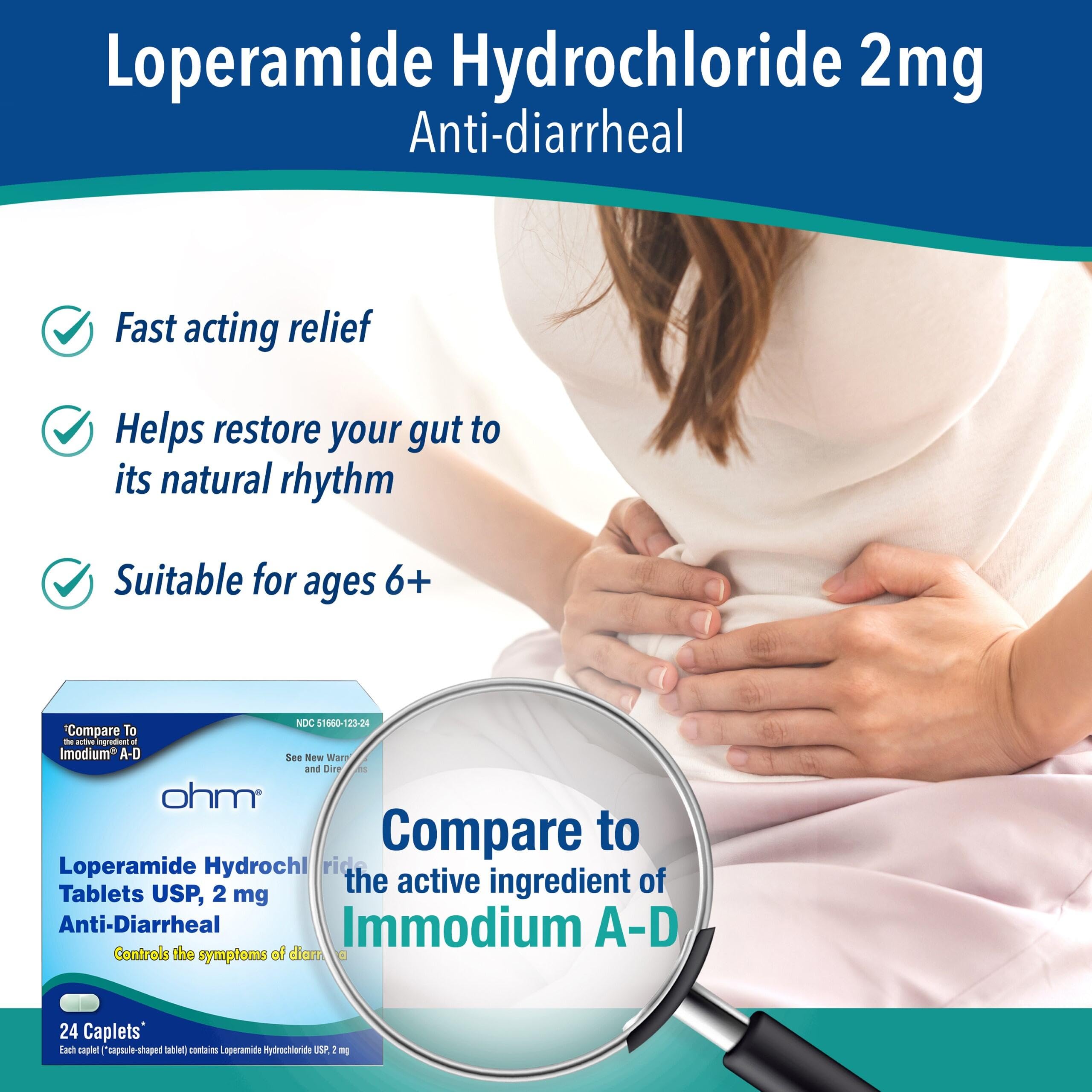 Ohm Loperamide Hydrochloride Antidiarrheal Pills 2mg Caplets, 24 Count — Amazon image 3