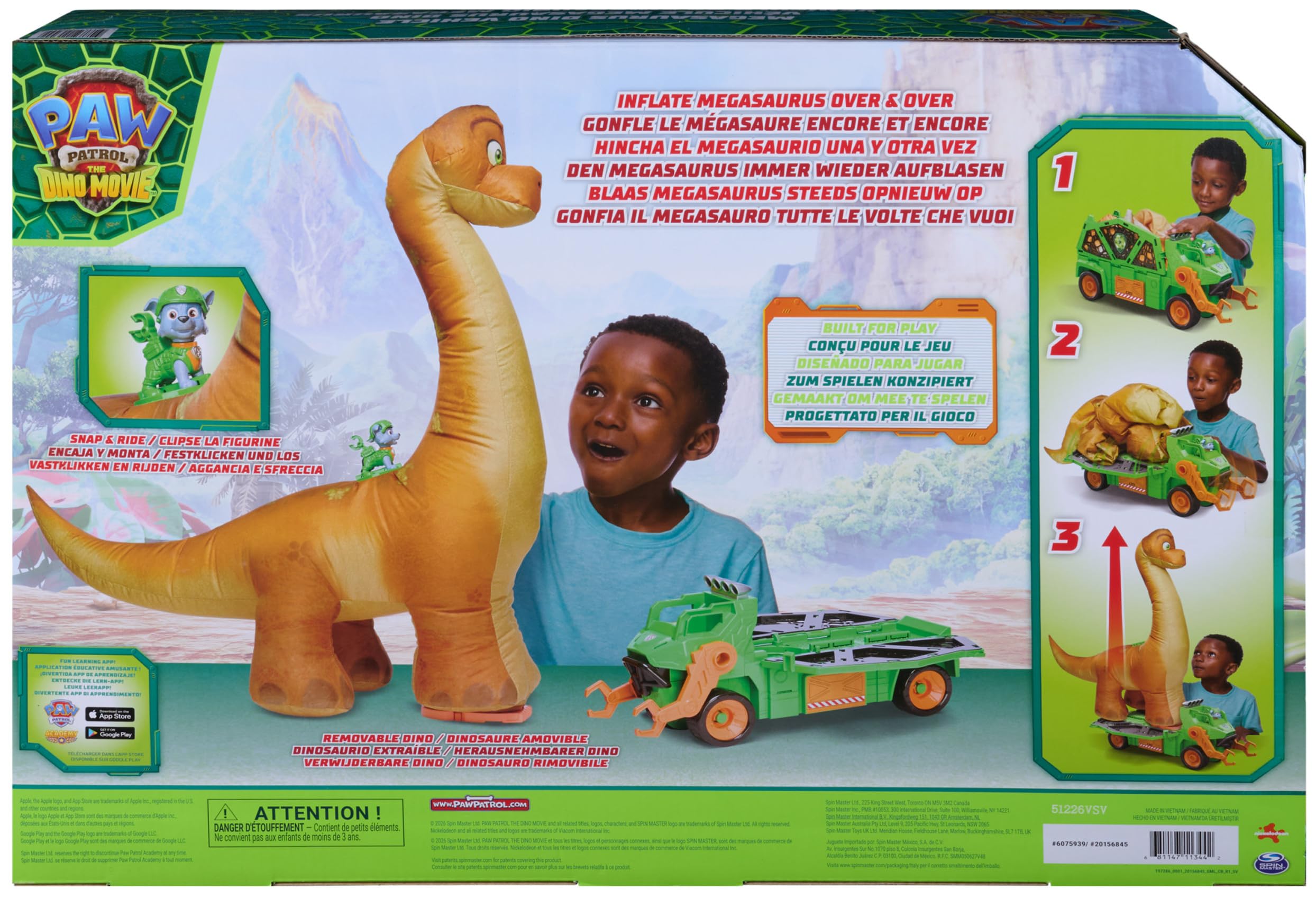 PAW PATROL: Der Dino Film Rockys Megasaurus Transport-Fahrzeug, ab 3 Jahren | 76 cm aufblasbarer Dino | 2-in-1 Dino & Fahrzeug | Per Knopfdruck aufblasbar | Licht & Geräuscheffekte | Mit Rocky-Figur