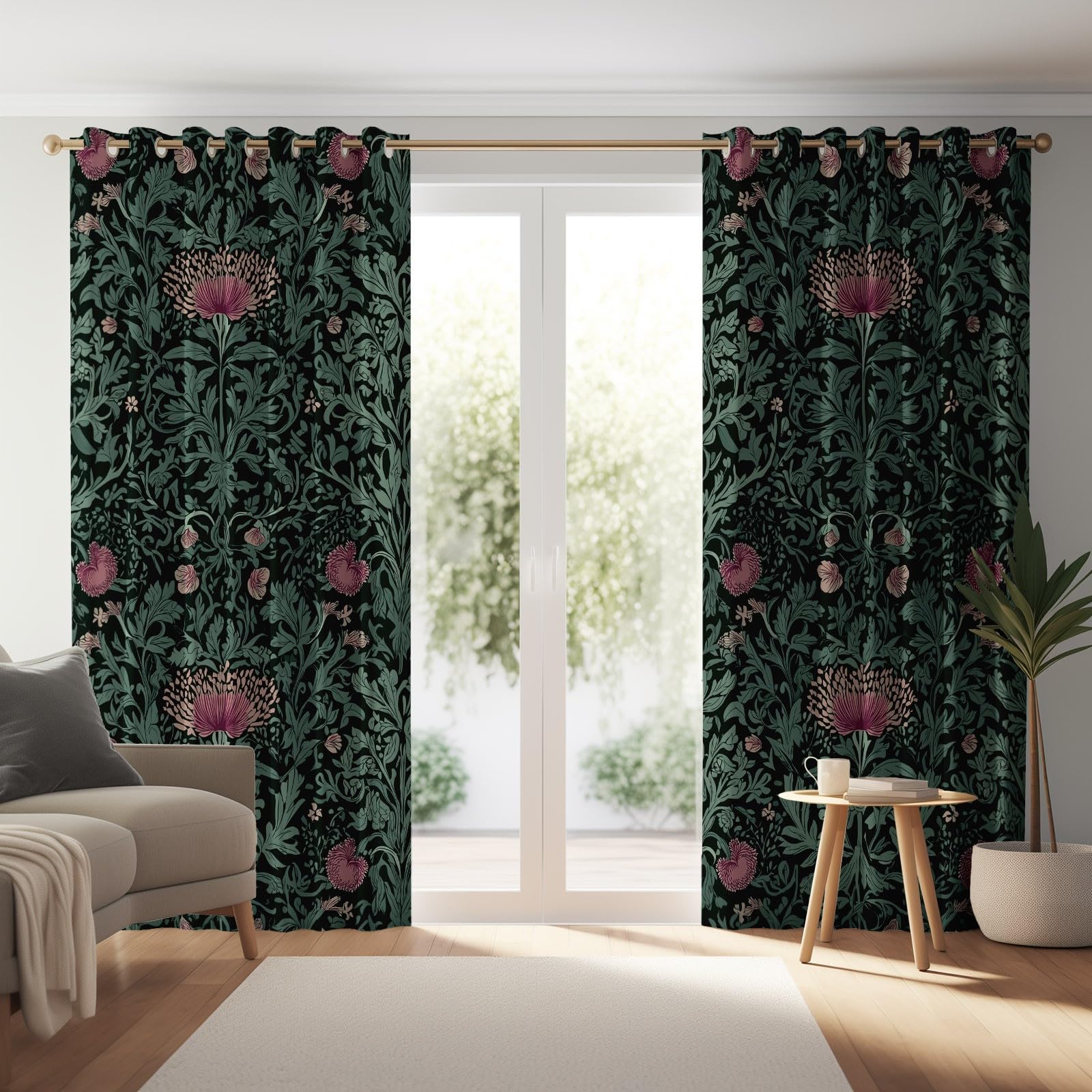 Verdunkelungsvorhänge mit Ösen H260 x B140 cm (2er Set), William Morris Blumen Bedruckte Thermo Vorhänge für Schlafzimmer & Kinderzimmer, Blickdichte Gardinen Lärmschutz, Dunkelgrün