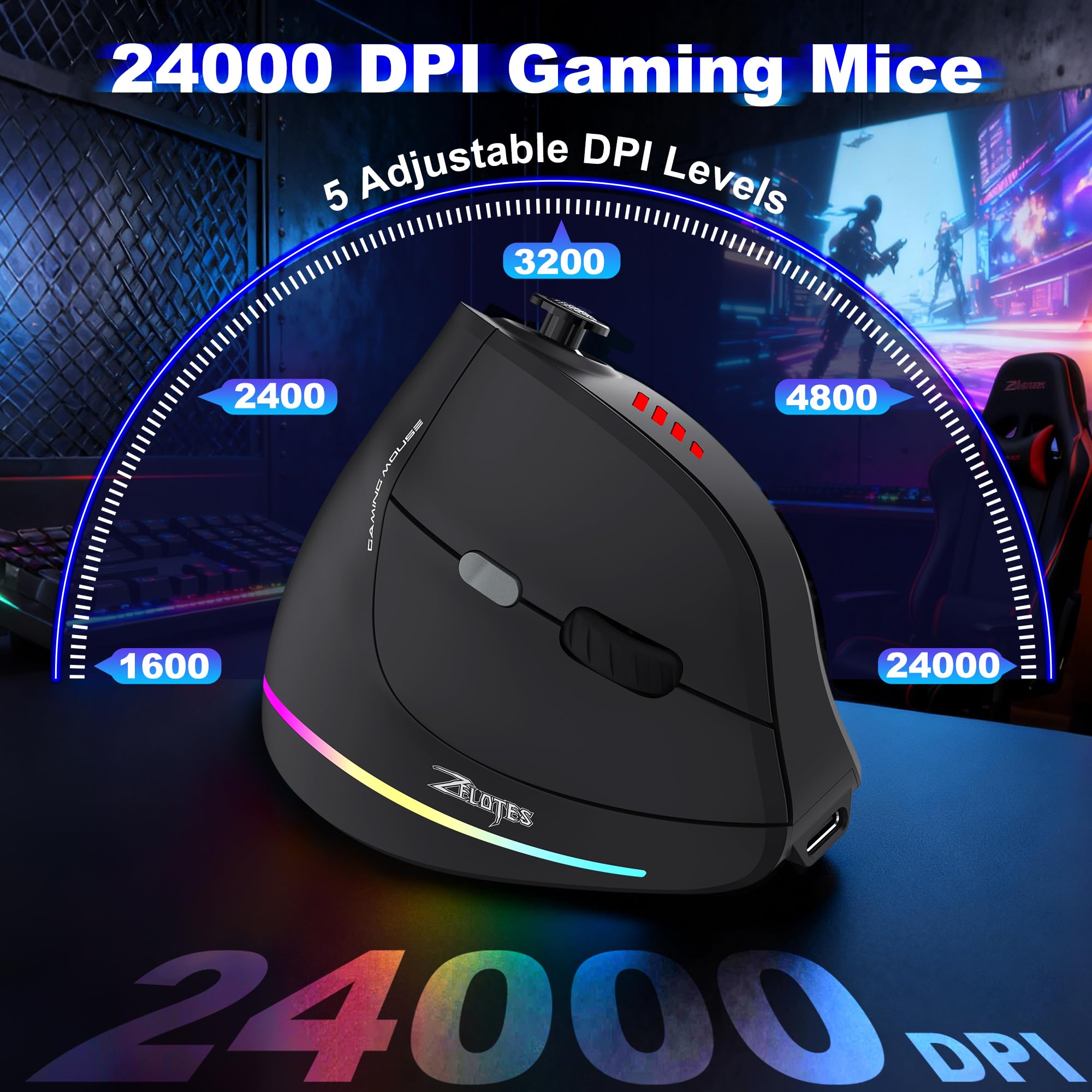 TRELC Ratón inalámbrico para juegos con balancín 5D, 24000 DPI/11 botones programables, mouse ergonómico vertical para conexión de 2 dispositivos (BT+2.4GHz), ratones recargables para PC/portátil