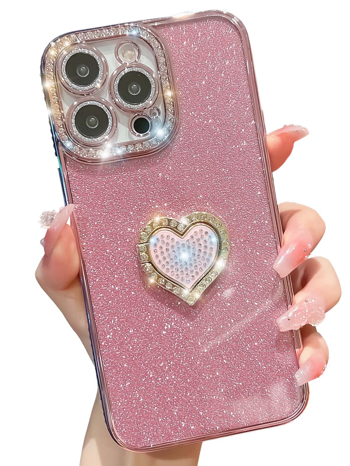 Kwhapoo Cute Compatible with iPhone 14 Pro 6.1 Inch Case, Bling Diamond + Glitter Card Cases with Love Heart Kickstand, Sparkly Camera Protection Soft