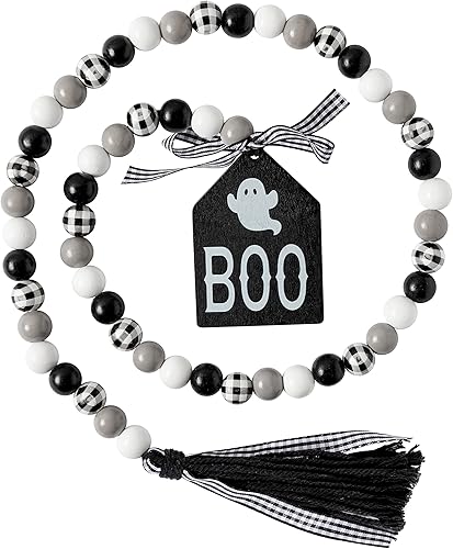 Guirnalda de cuentas de madera de Halloween, guirnalda de cuentas de madera de 40 pulgadas con cuerda de yute, borla a cuadros, etiqueta clásica de