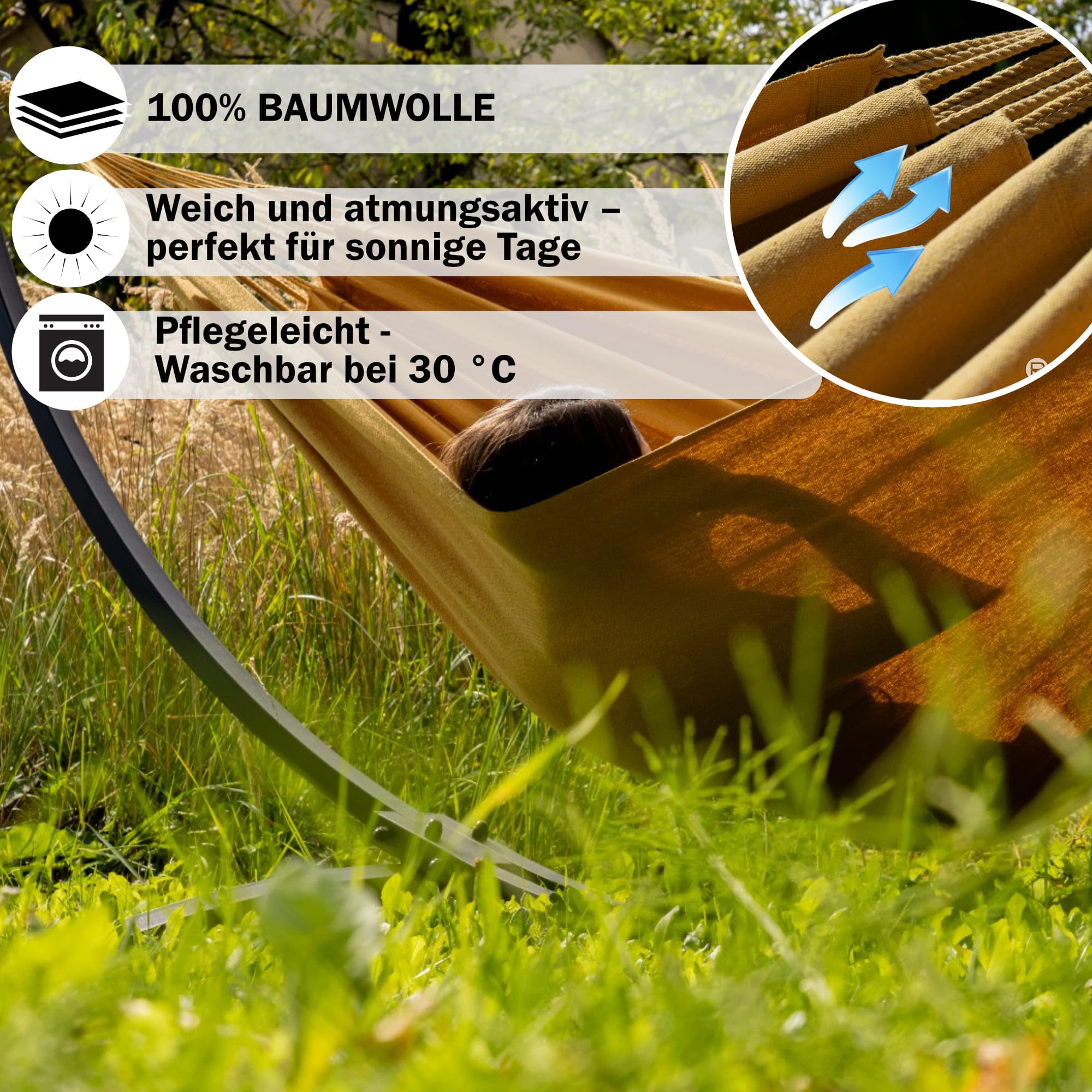 Potenza Amaca da Giardino con Supporto in Acciaio ZINCATO A CALDO – Amaca Doppia 230x160 cm, 220 kg in 100% Cotone con Struttura lunga 365 cm, Portata 220 kg, con Telaio Resistente alle Intemperie