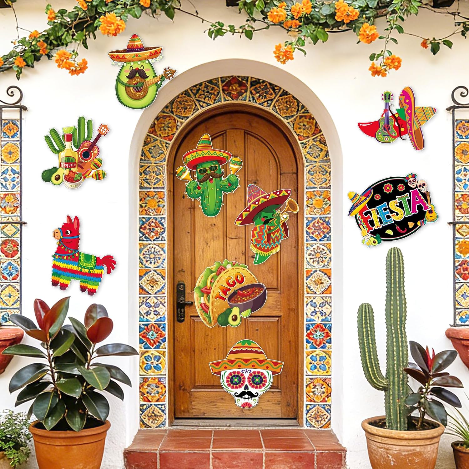 COCHIE Large 11"x14" Cinco de Mayo Decorations Cutouts Set, 9 Sheets Mexican Fiesta Paper Cardboard Cutout Party Decor, Day of the Dead Cactus Pepper Cut Outs Wall Door Windows Decoration (Bright)