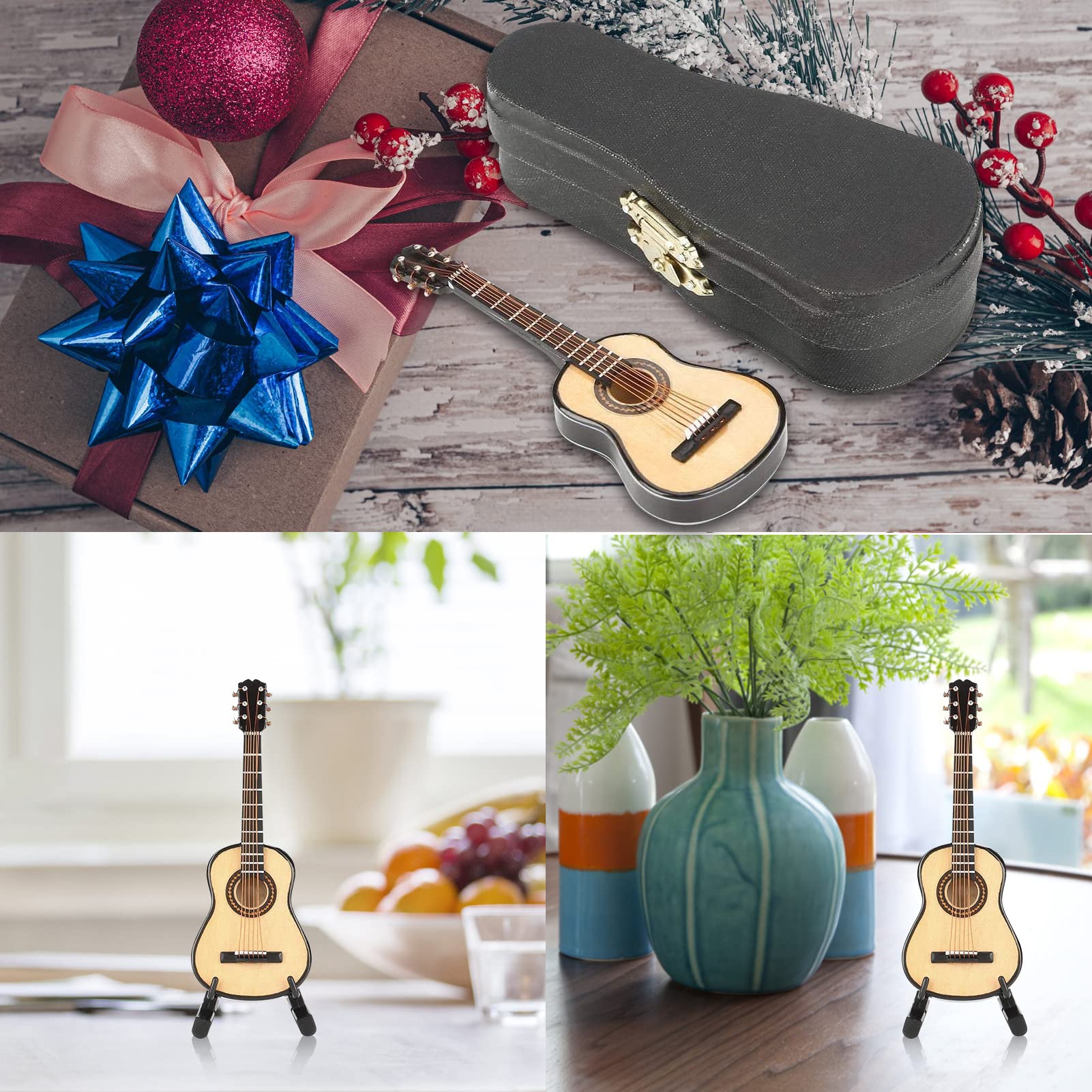 Walfront Modello di Chitarra In Miniatura In Legno con Supporto e Mini Strumento Musicale per la Decorazione Della Casa del Modello di Casa Delle Bambole In Miniatura